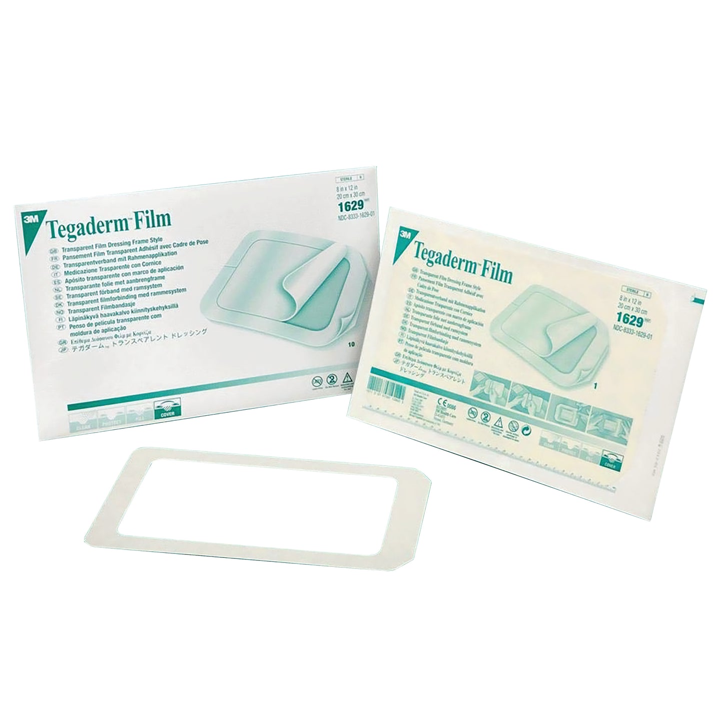 Packaging for 3M Tegaderm Transparent Dressing shows product details. A sample dressing is displayed in front.