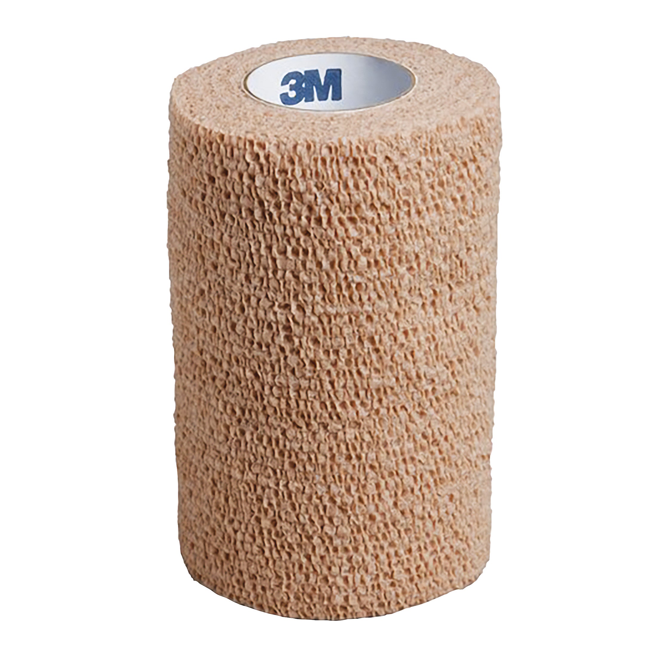 A roll of 3M Coban Elastic Wrap in beige, featuring a textured surface, with the 3M logo visible on the inner core.