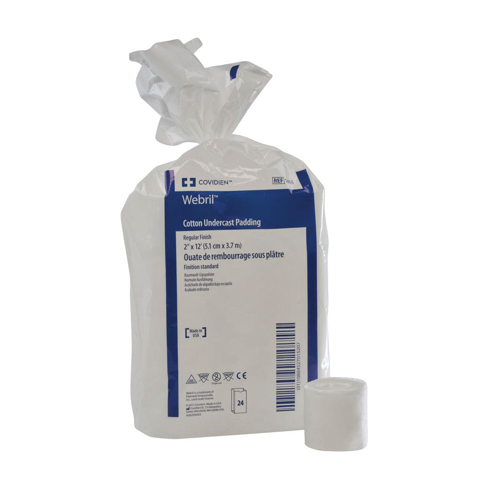 Pack of Webril Cotton Undercast Padding with a white roll beside it, labeled as 2" x 12" regular finish. Made in USA.