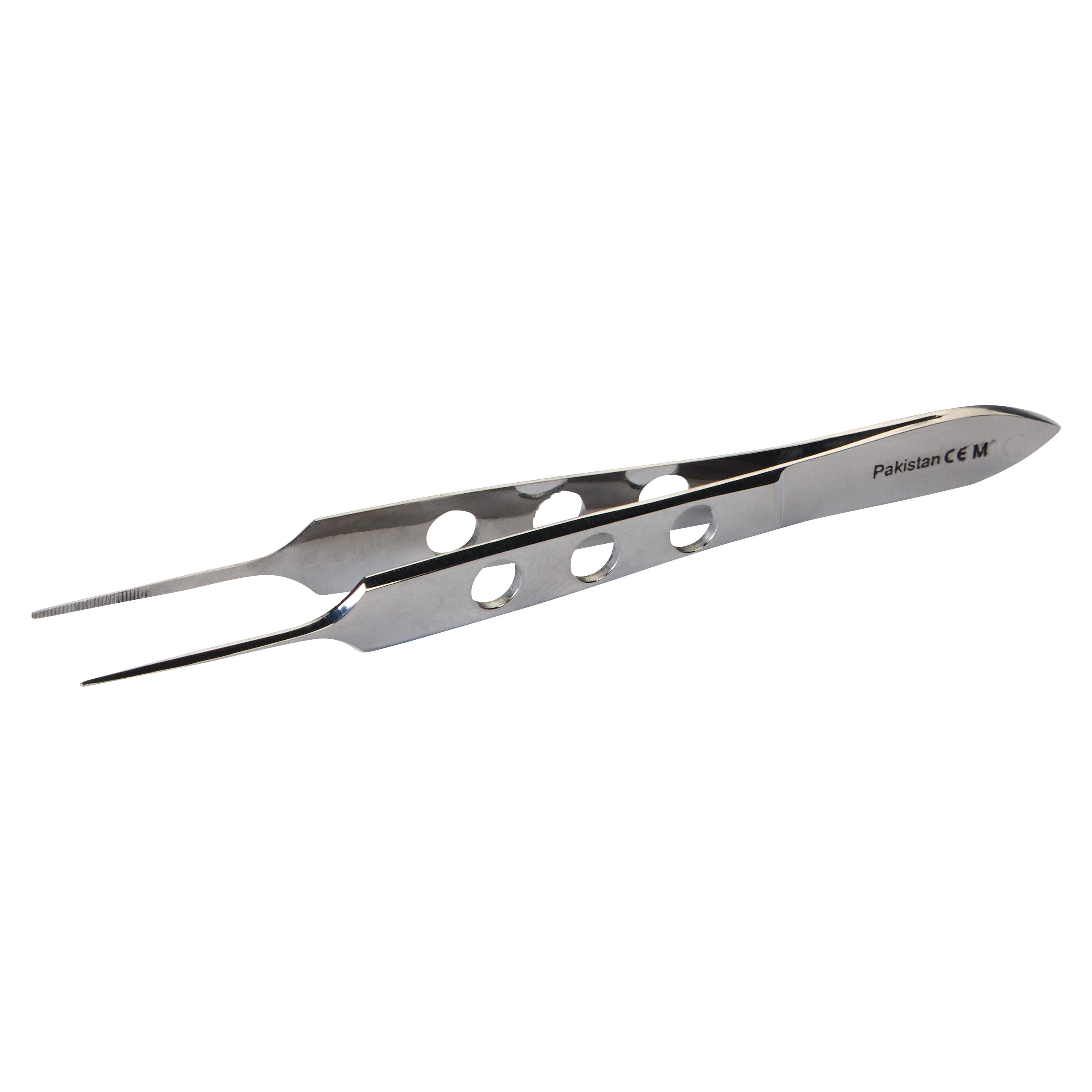 Bishop-Harmon Dressing Forceps with perforated design, fine tips, and "Pakistan CE M" inscription on the handle.