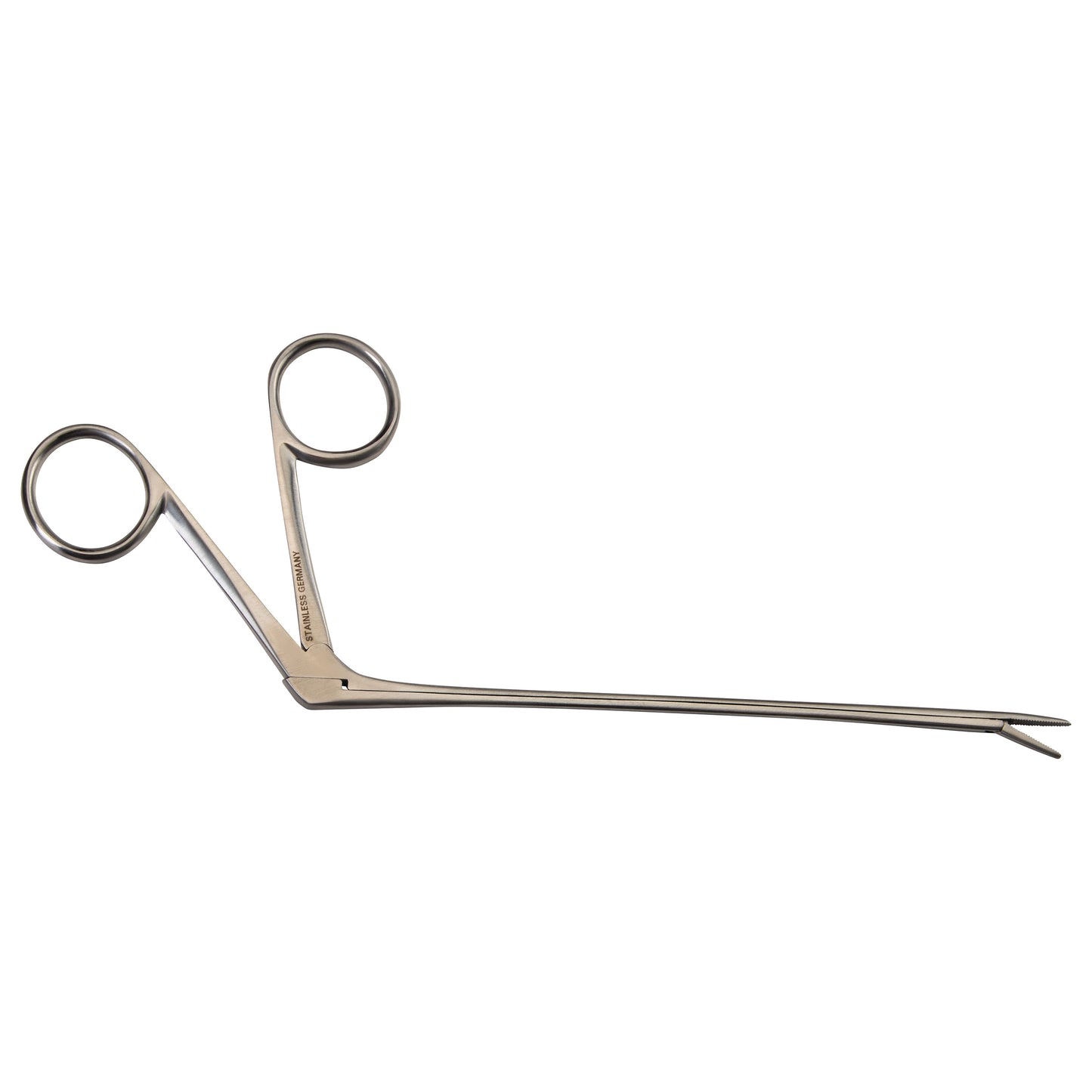 Hartman Alligator Ear Forceps with long, angled jaws and finger loops. Made of stainless steel for precision and surgical use.