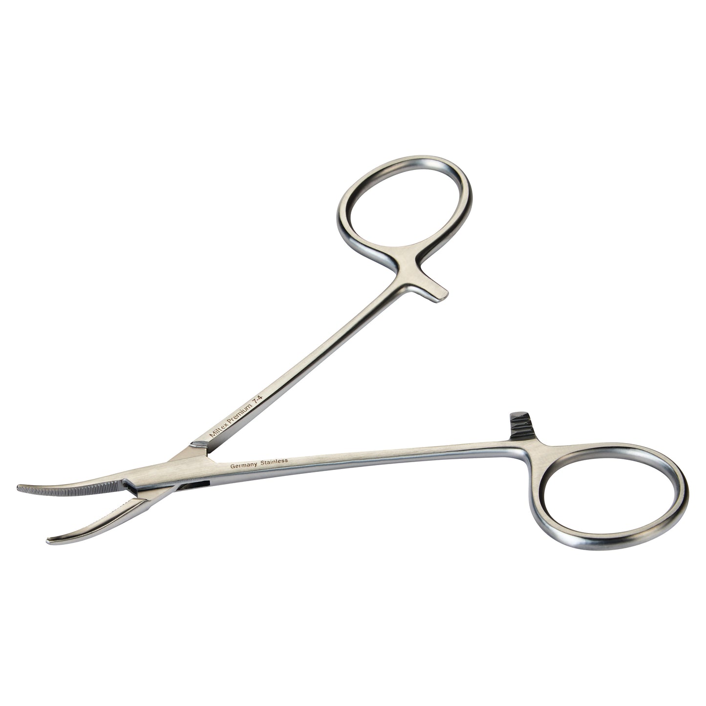 Miltex Halsted Mosquito Forceps with curved jaws and looped handles against a white background.
