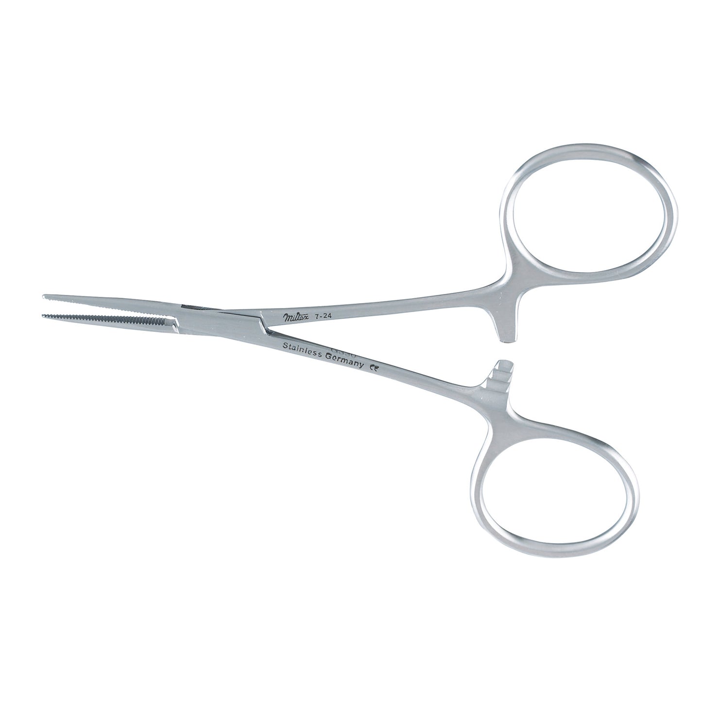Hartman Mosquito Forceps made of stainless steel, featuring curved, serrated tips and finger loops, used for medical procedures.