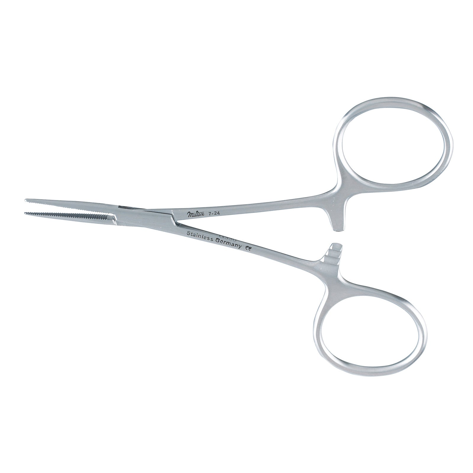 Hartman Mosquito Forceps, stainless steel, with serrated tips and finger loops, used for clamping in surgical procedures.