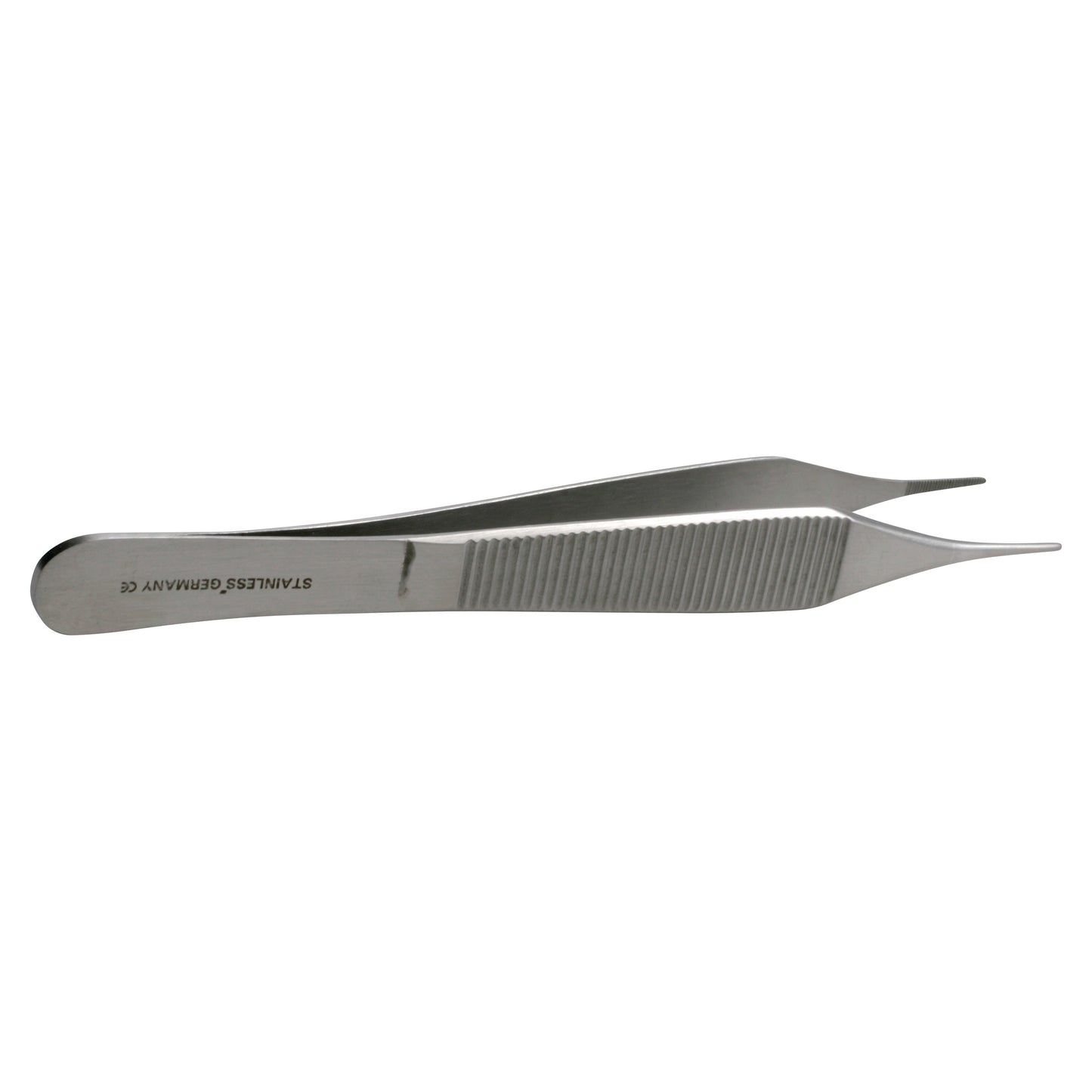 Adson Dressing Forceps, made of stainless steel, featuring a serrated grip and pointed tips, laid flat on a white background.