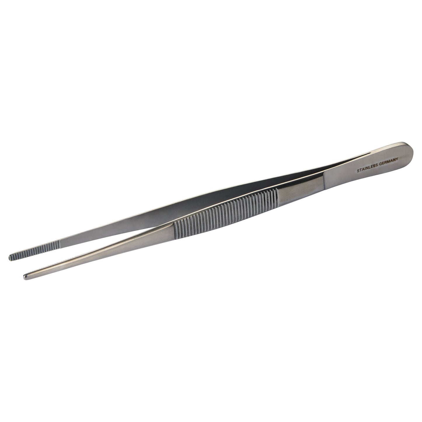A stainless steel Dressing Forceps with a serrated grip, featuring the engraving "STAINLESS GERMANY" on the handle.