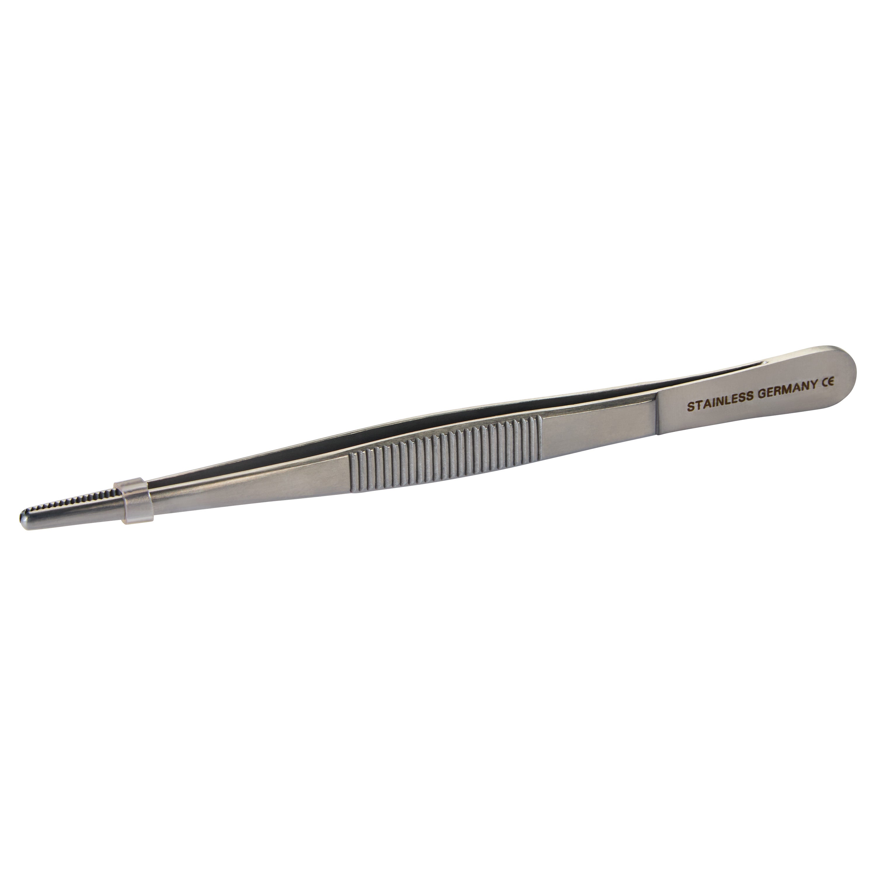 Stainless steel dressing forceps with serrated grip and rounded tips, labeled "STAINLESS GERMANY CE".
