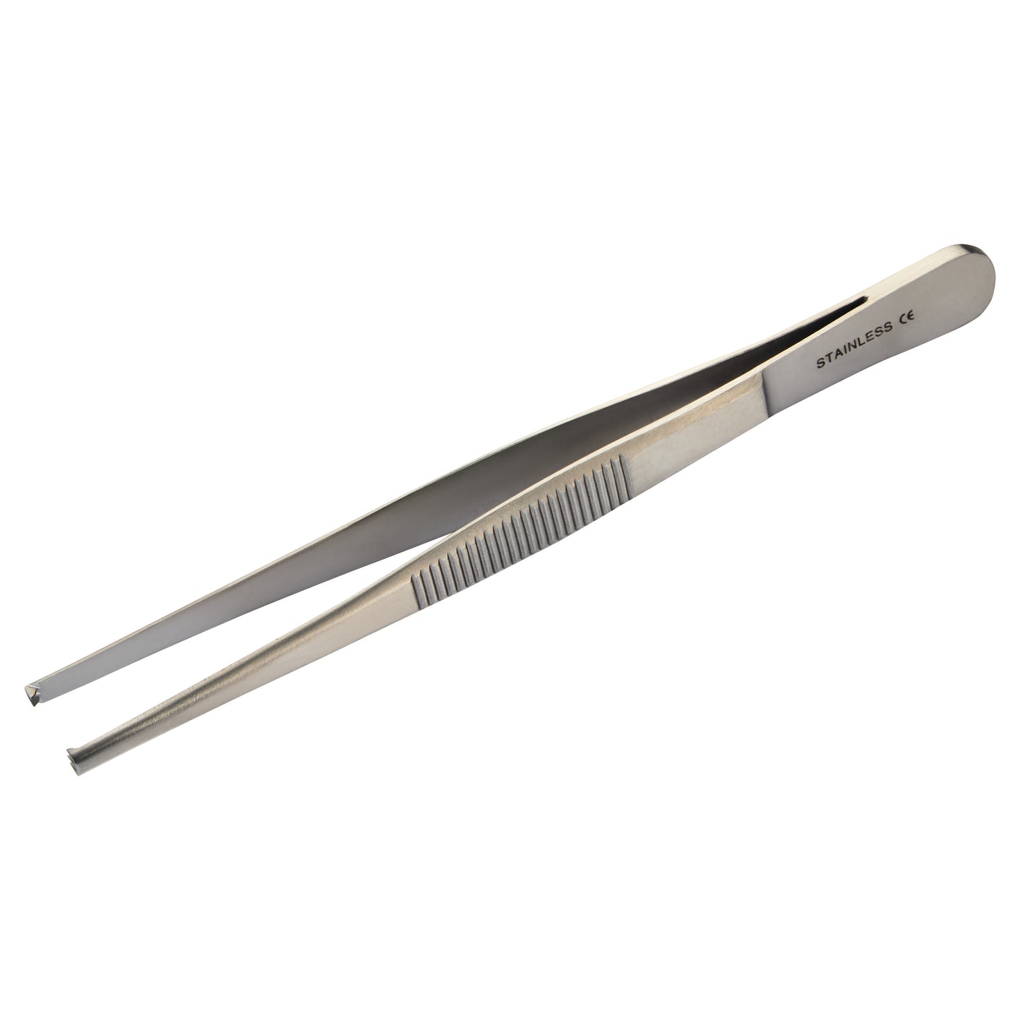 Stainless steel tissue forceps with a ribbed grip, used for handling tissues or small objects in medical settings.