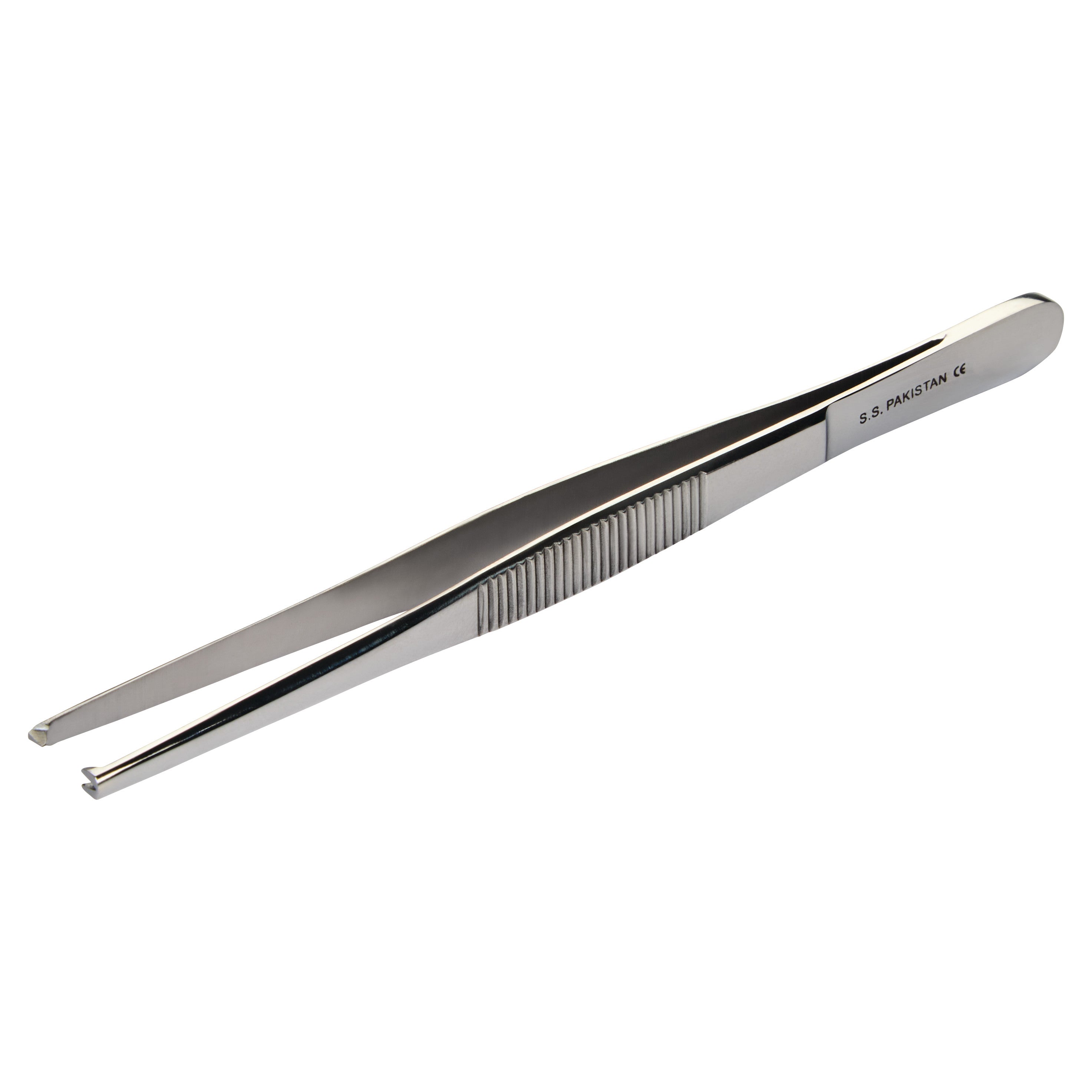 Silver tissue forceps with a textured grip and pointed tips. Marking reads "S.S. Pakistan" on the side.