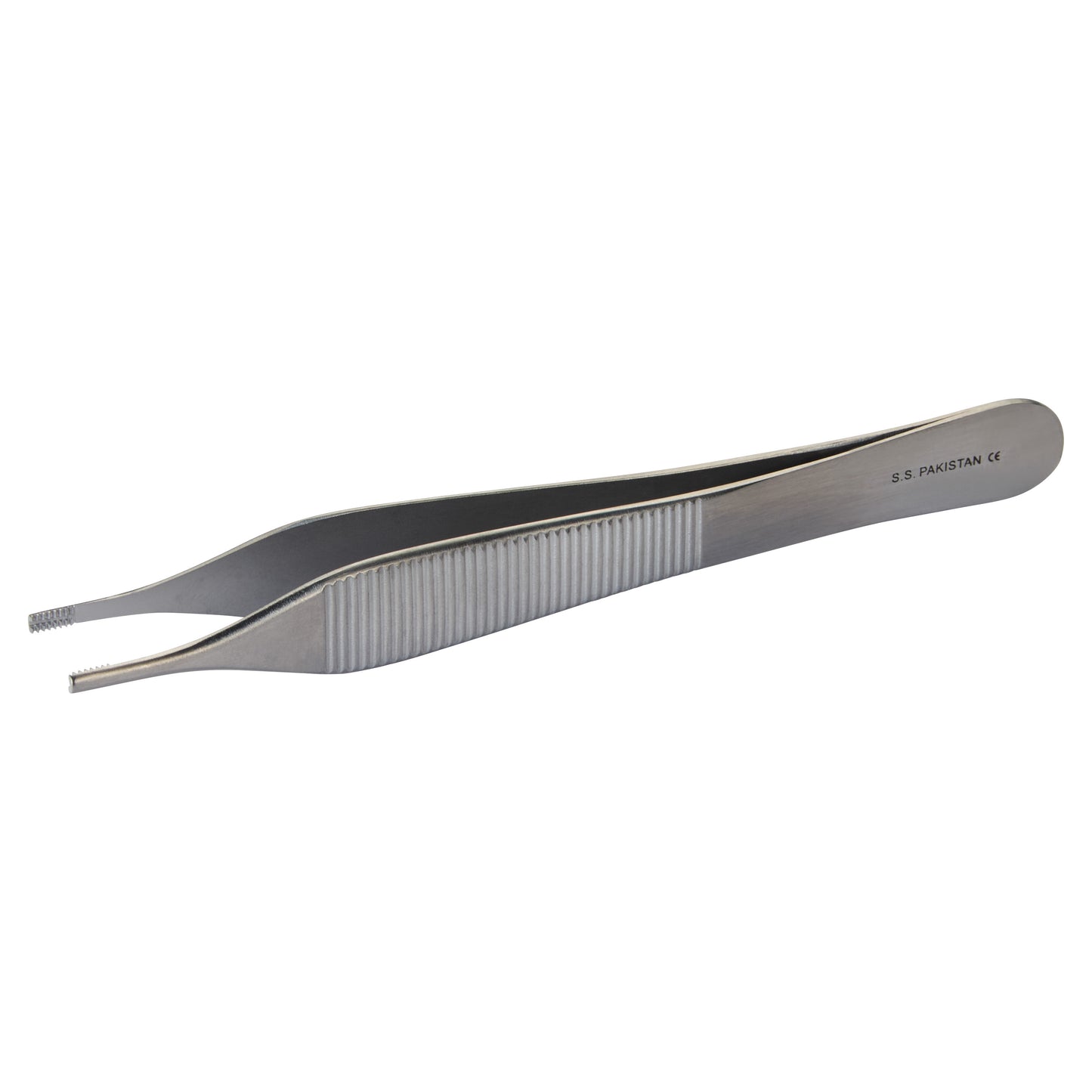 Brown-Adson Tissue Forceps made of stainless steel with a textured grip and fine serrated tips, labeled "S.S. PAKISTAN."