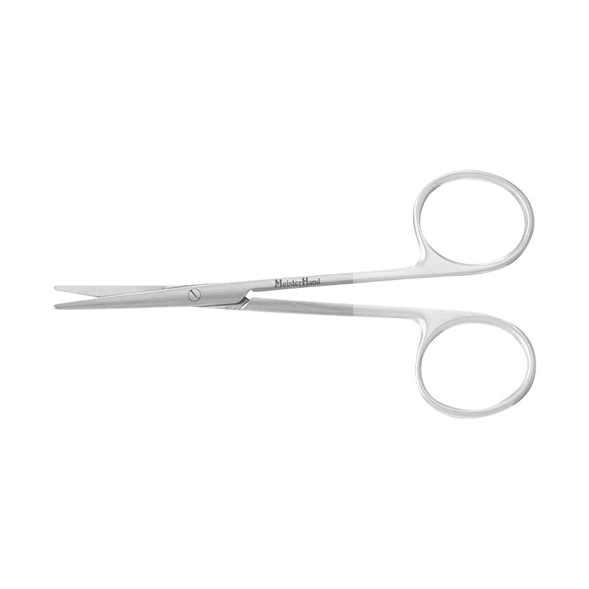 Miltex MeisterHand Strabismus Scissors with curved blades and a silver finish are shown against a white background.