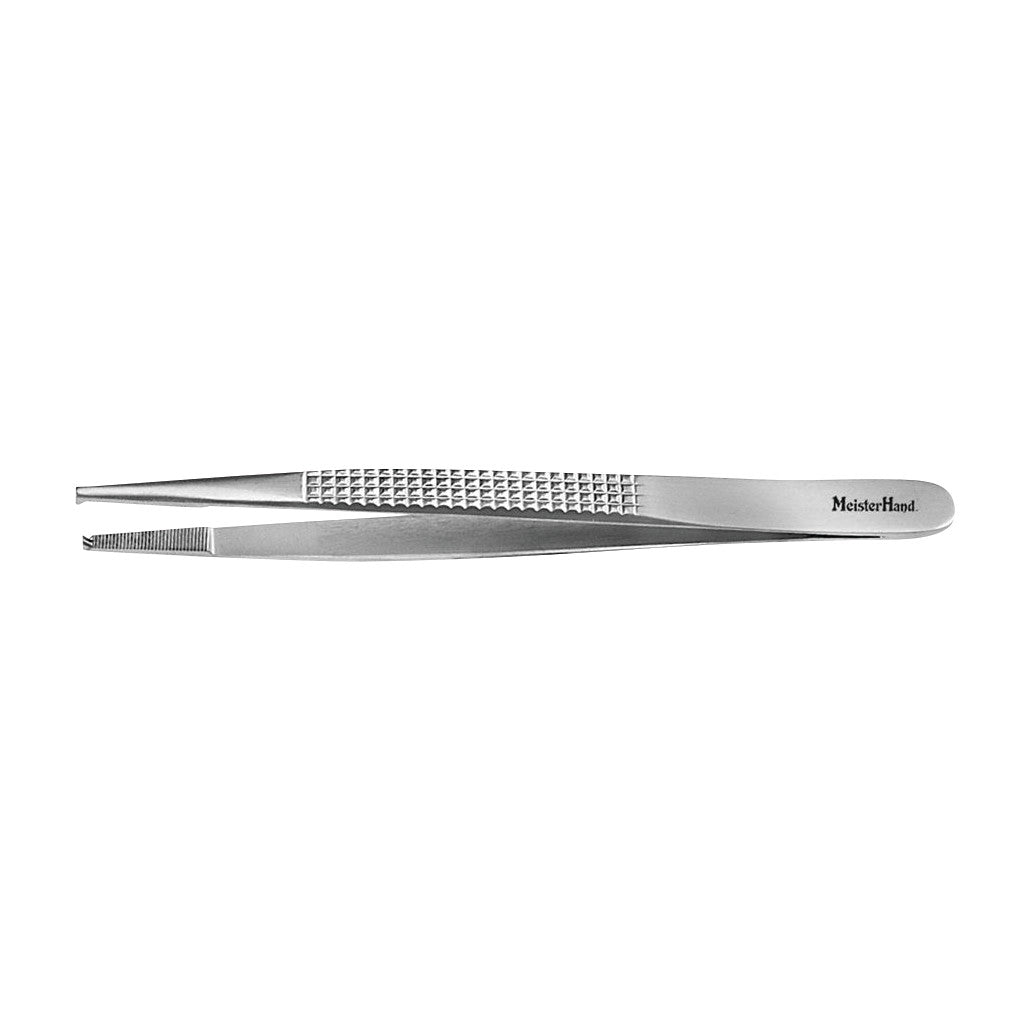 Miltex MeisterHand Bonney Tissue Forceps are silver with a textured grip and serrated tips, designed for precision handling.