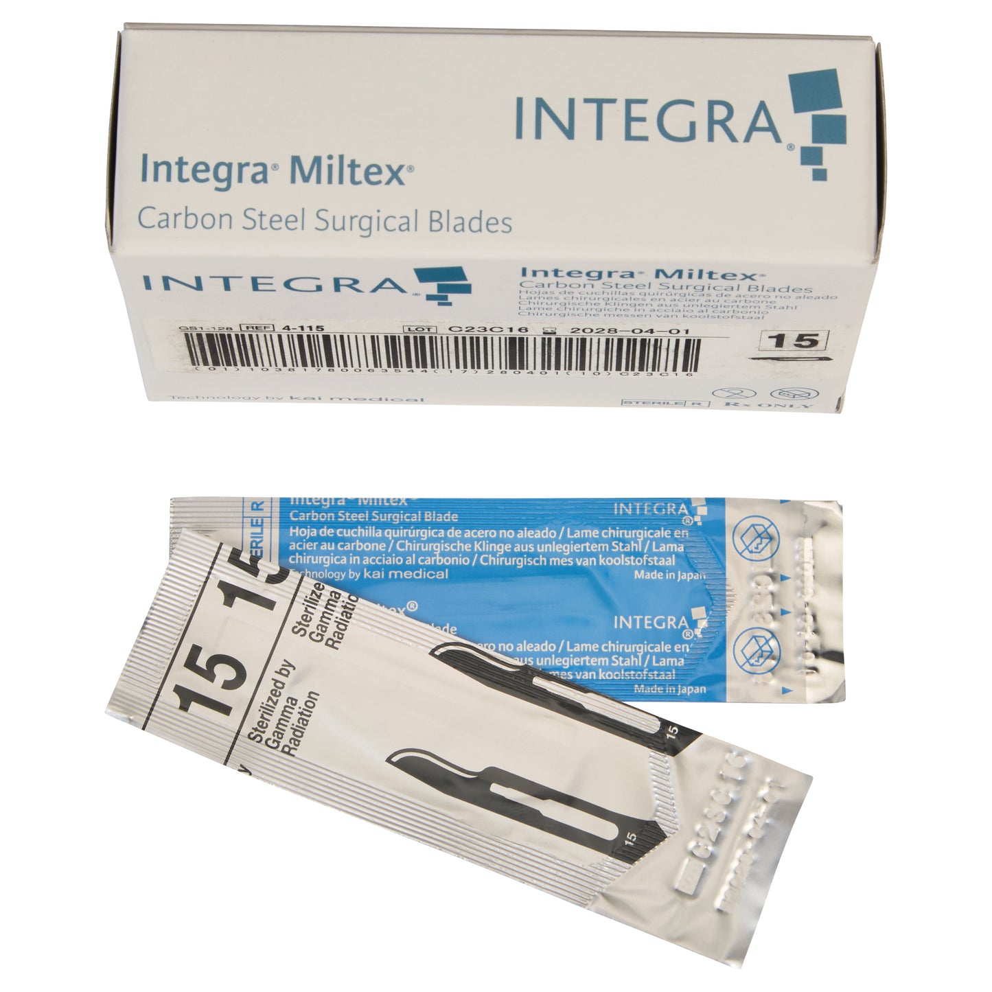 Box and packaging of Miltex Carbon Steel Surgical Blades, showing the label and sterilized blade inside foil packaging.
