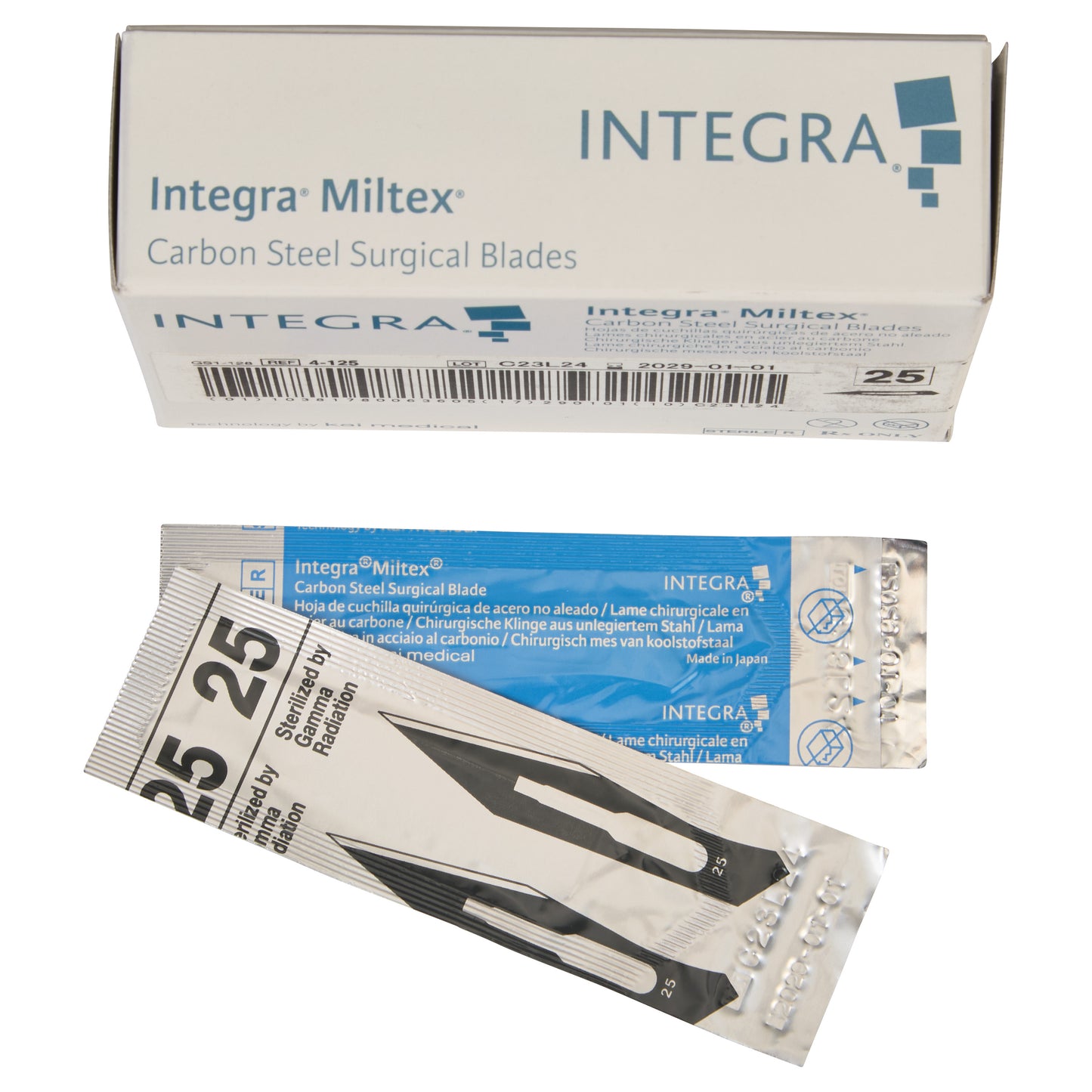 Packaging of Miltex Carbon Steel Blade, showing box and individually wrapped blades labeled "25," sterilized by gamma radiation.