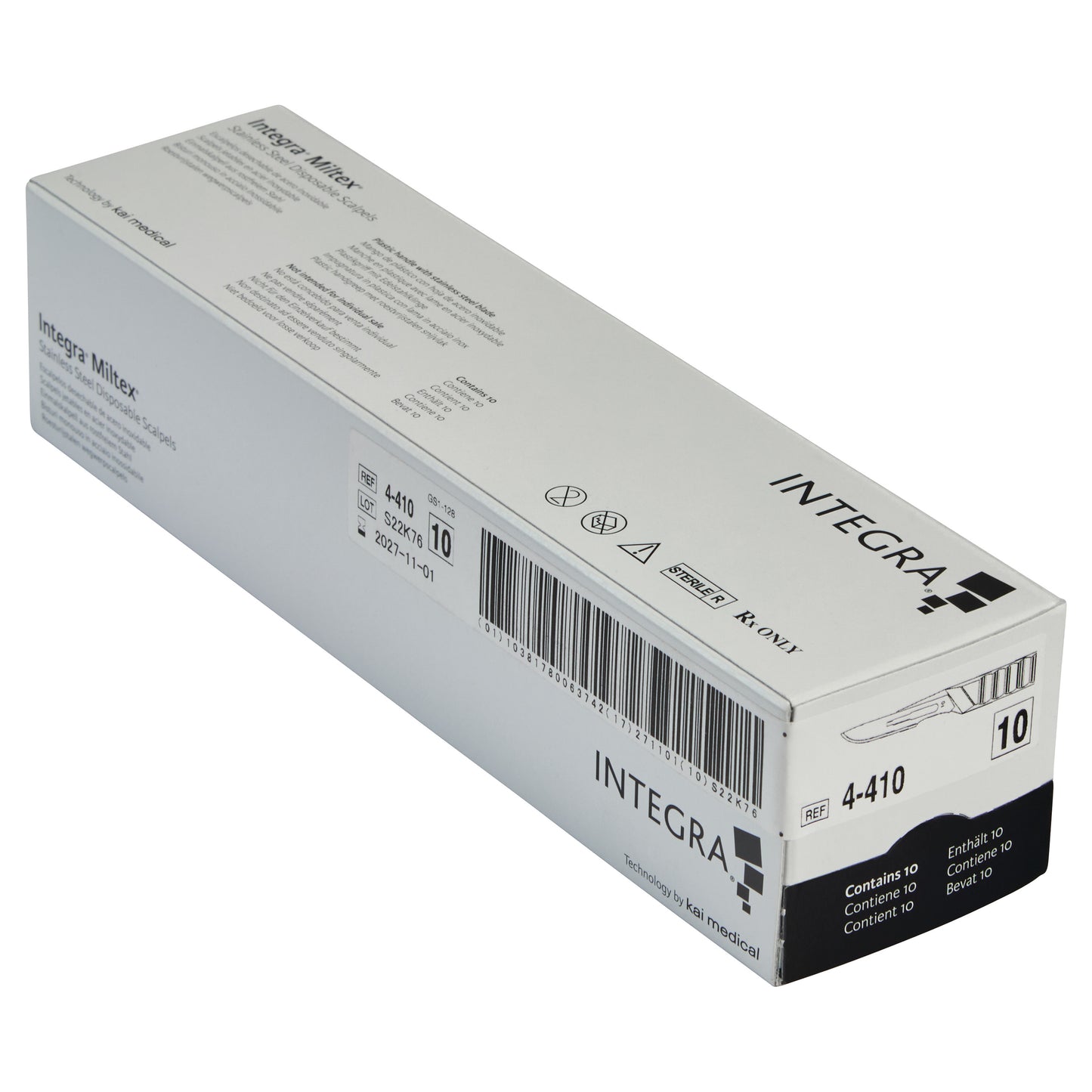 Box of Integra Miltex Disposable Scalpels, showing product details, barcodes, and icons on the packaging.