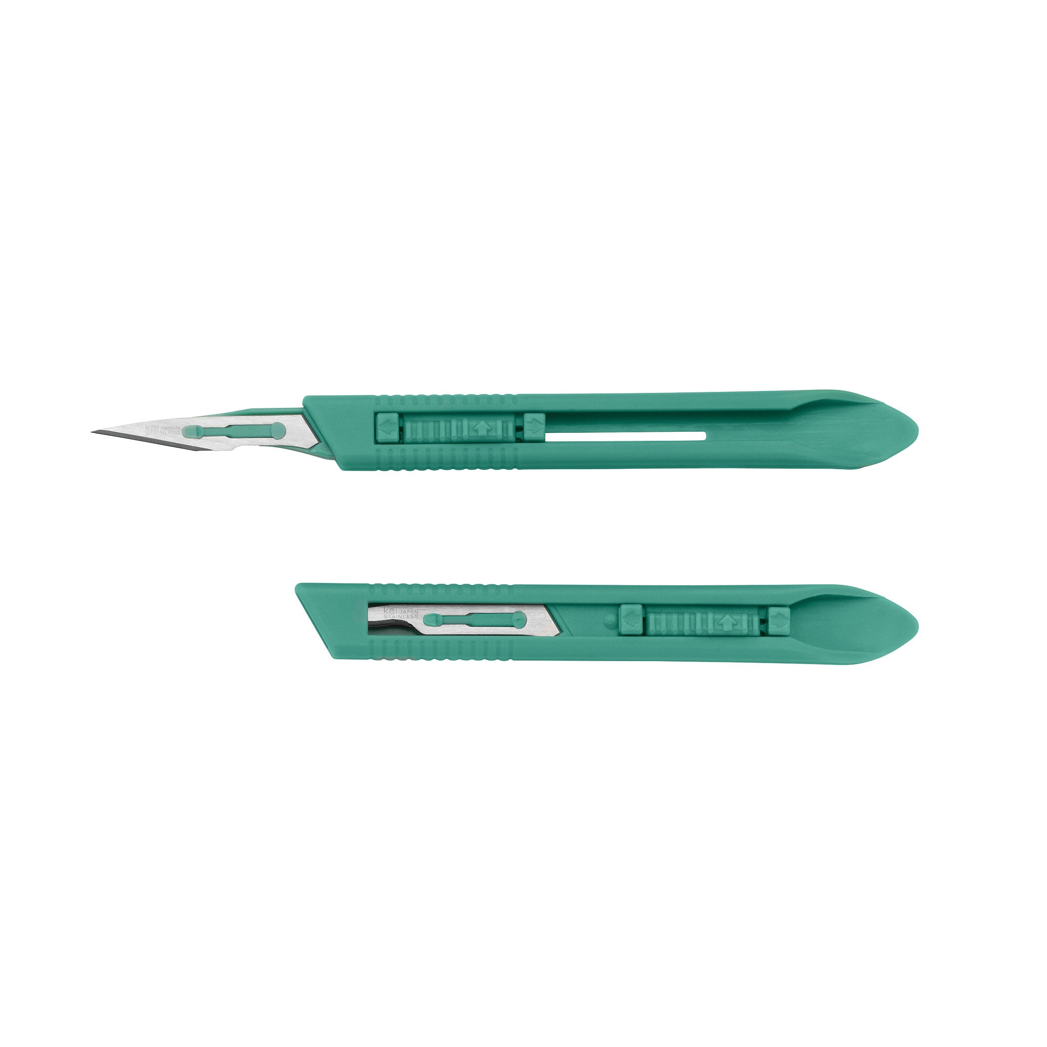 Two Miltex Sterile Safety Scalpels, one with an extended blade and one with a retracted blade, shown on a white background.