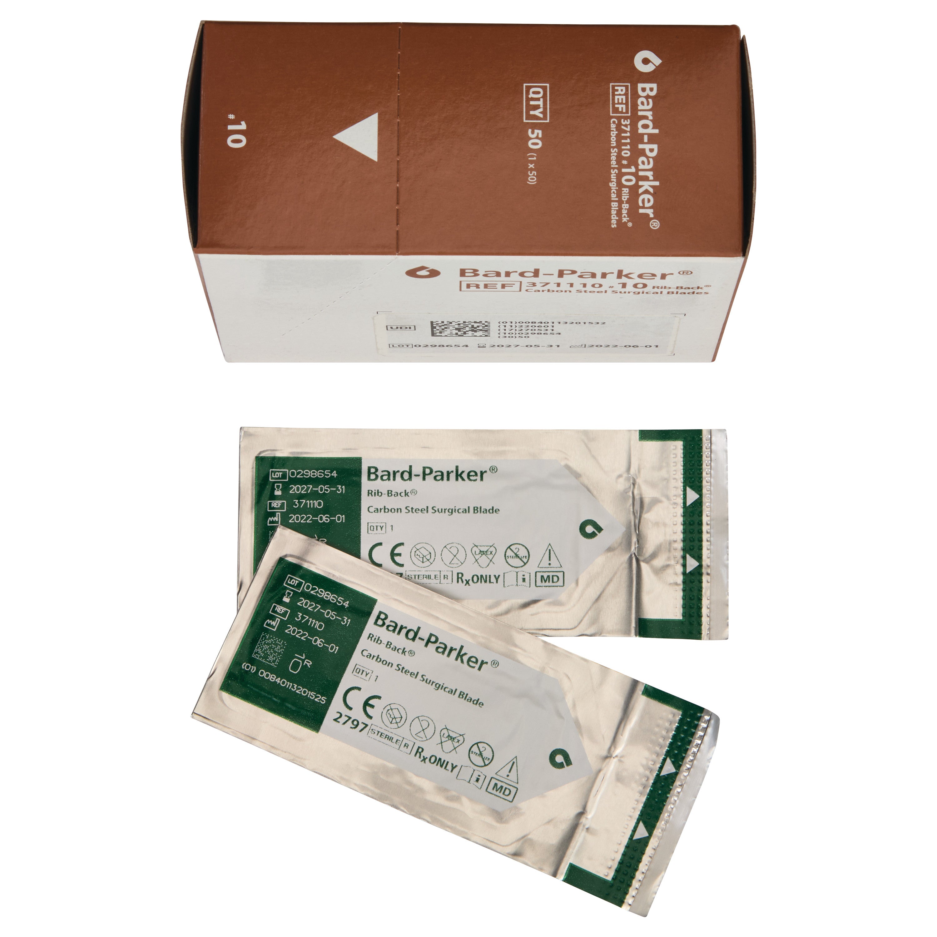 Box of Bard-Parker Carbon Steel Rib-Back Blades with two individually packaged blades shown. Packaging has product details.