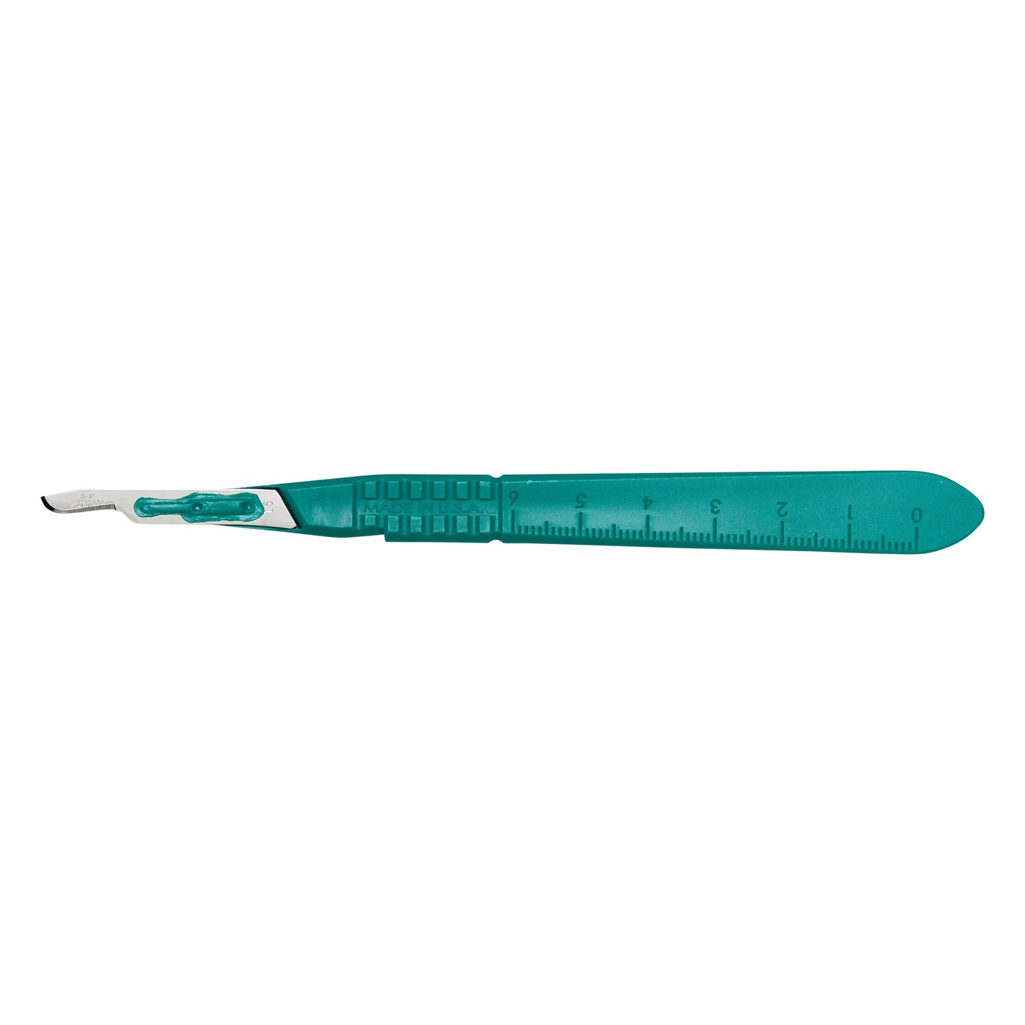 A Bard-Parker Stainless Steel Scalpel Blade with a green plastic handle, featuring measurement markings along the handle.