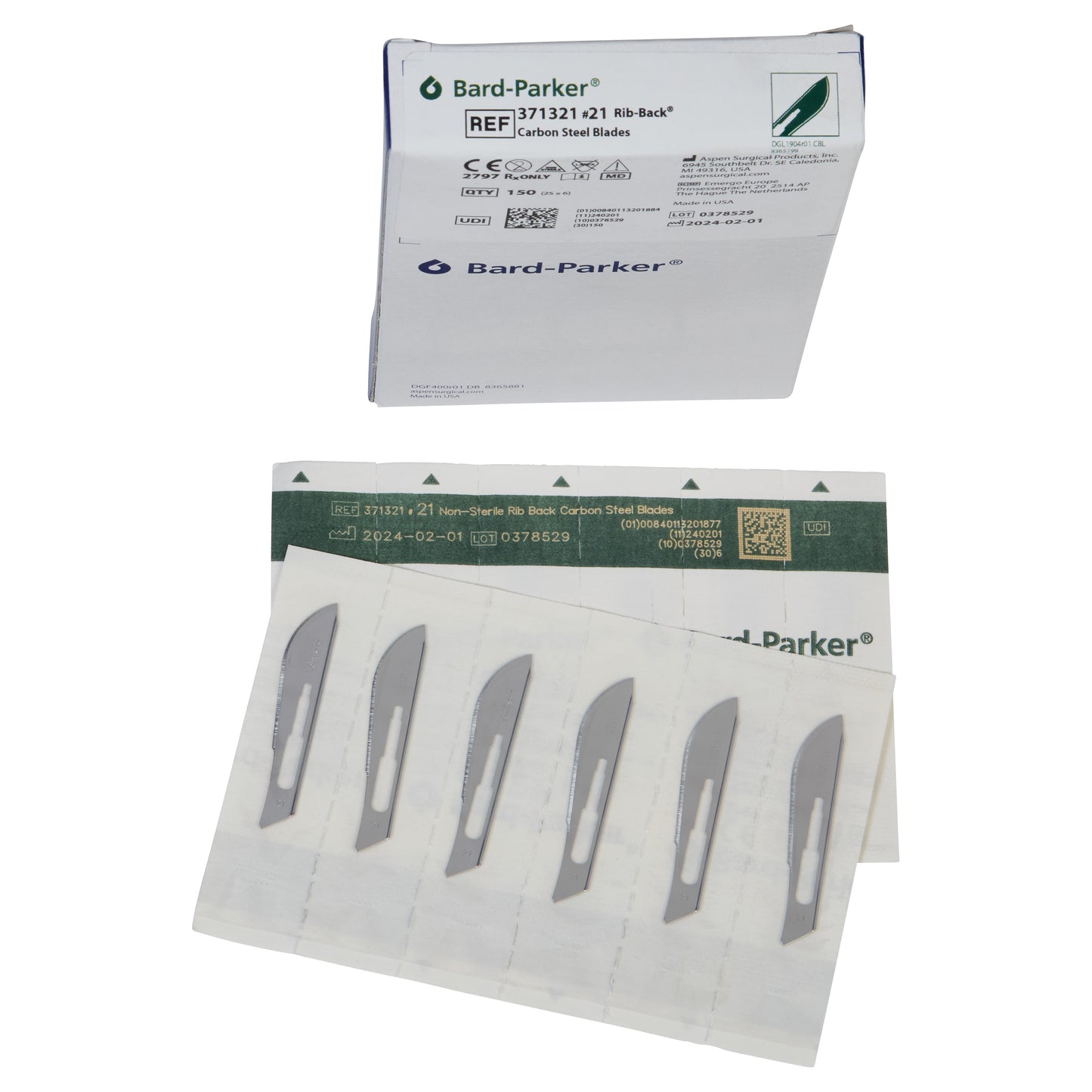 Bard-Parker Carbon Steel Rib-Back Blade package with five visible blades, packed in sterile paper packaging.