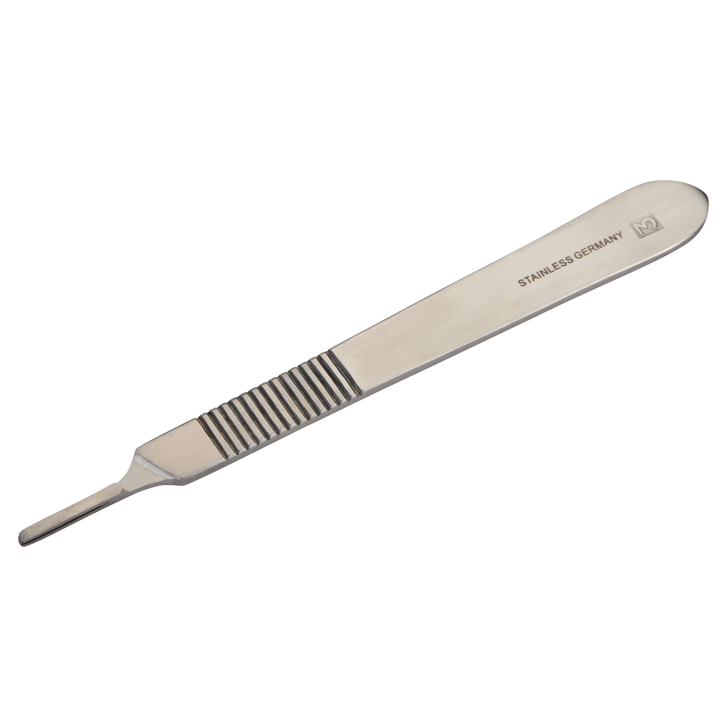 A stainless steel Scalpel Blade Handle with a textured grip and flat design, marked with "STAINLESS GERMANY."