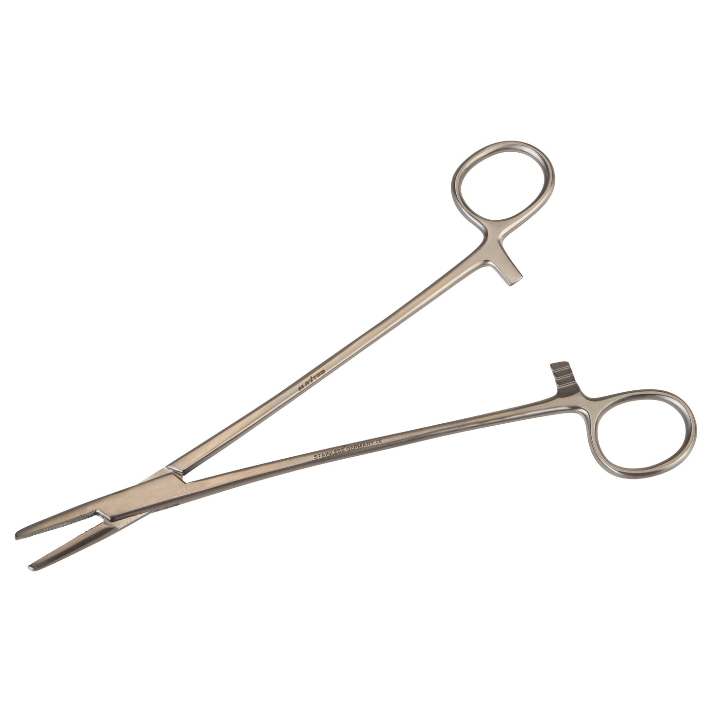 Mayo-Hegar Needle Holder made of stainless steel, featuring scissor-like handles and a serrated gripping end.