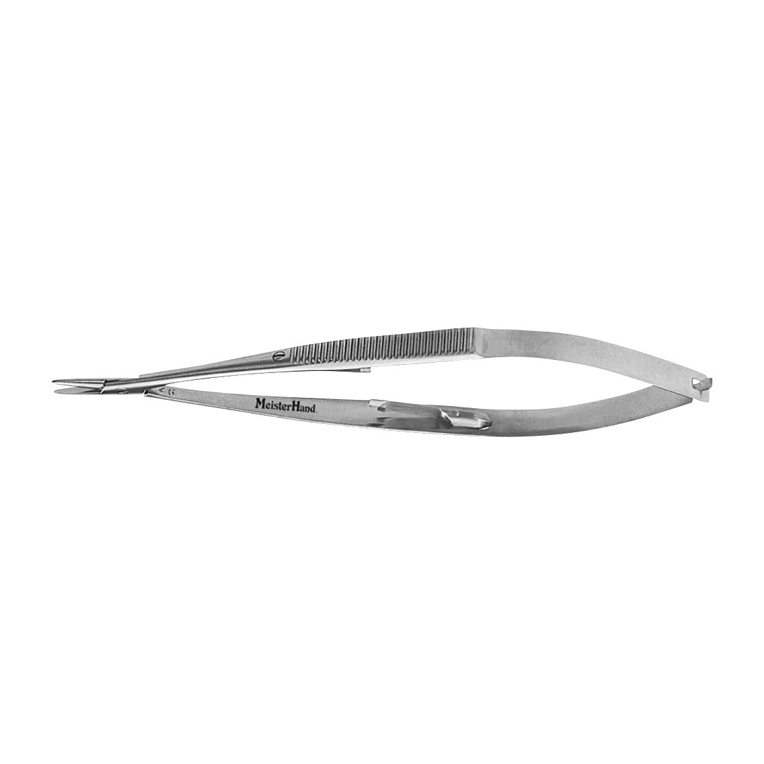 A metal Castroviejo Needle Holder with a curved handle and fine tips, labeled "MeisterHand," is shown against a white background.