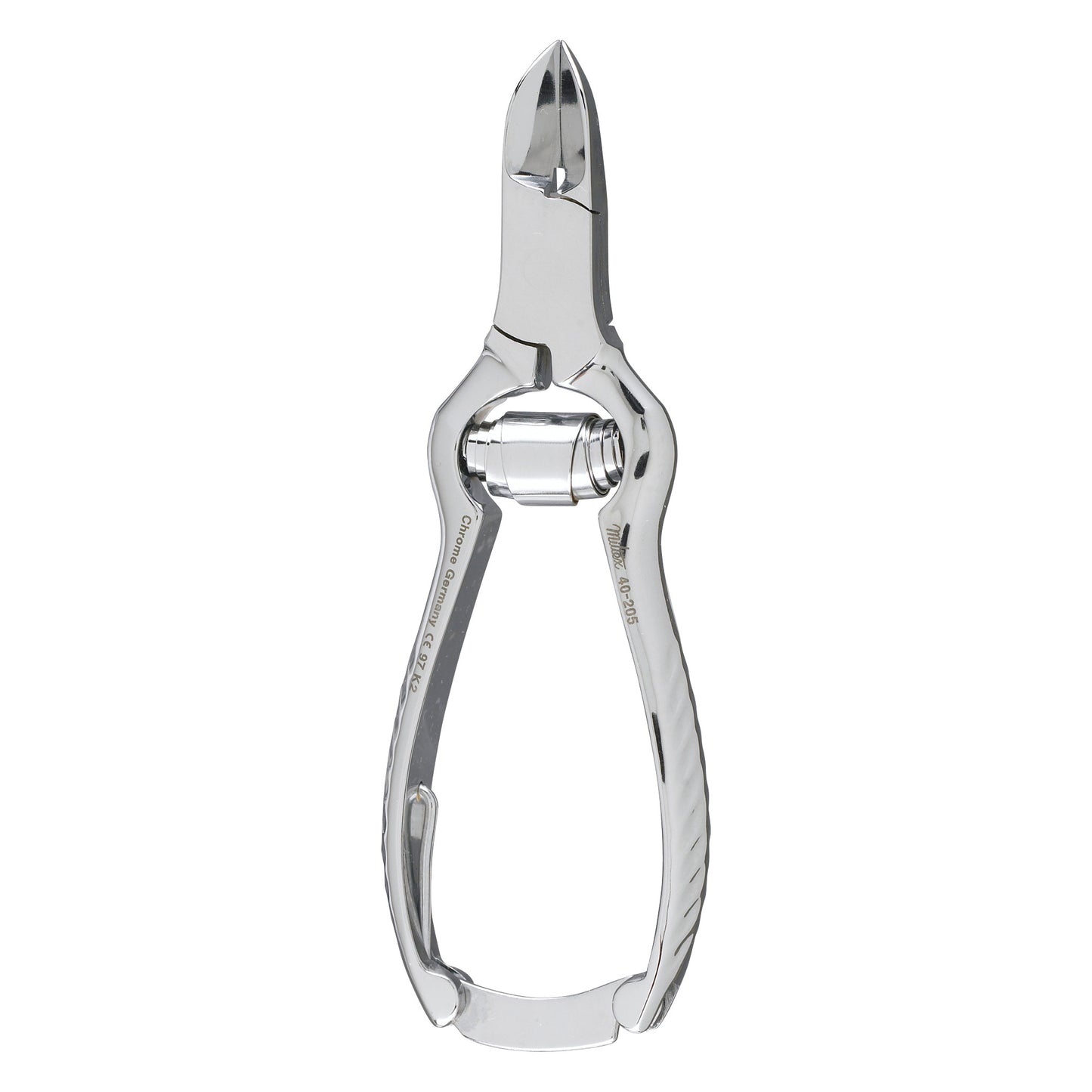 Concave Jaw Nail Nippers with a chrome finish are shown closed, featuring curved blades and ergonomic handles.