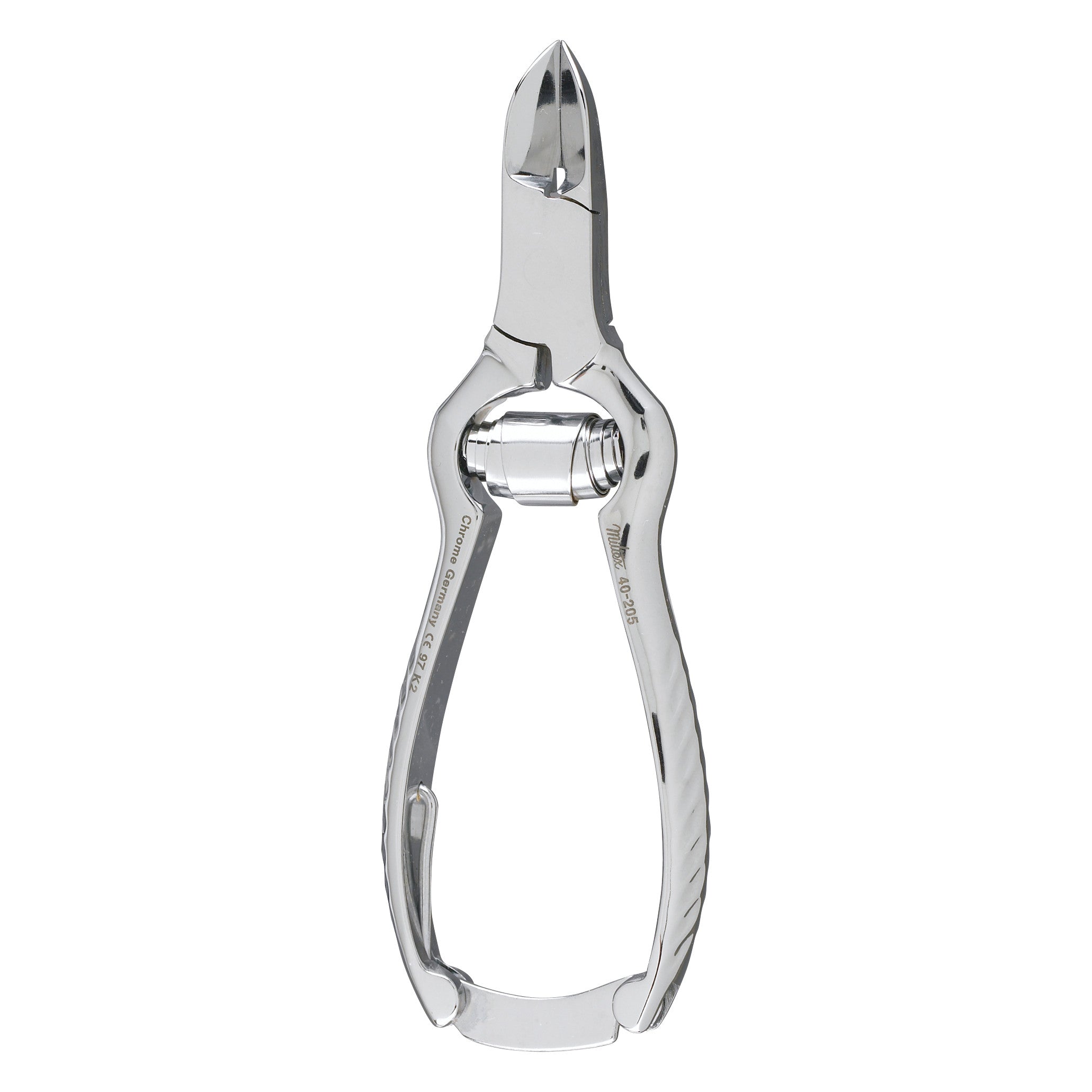 Concave Jaw Nail Nippers with a chrome finish are shown closed, featuring curved blades and ergonomic handles.