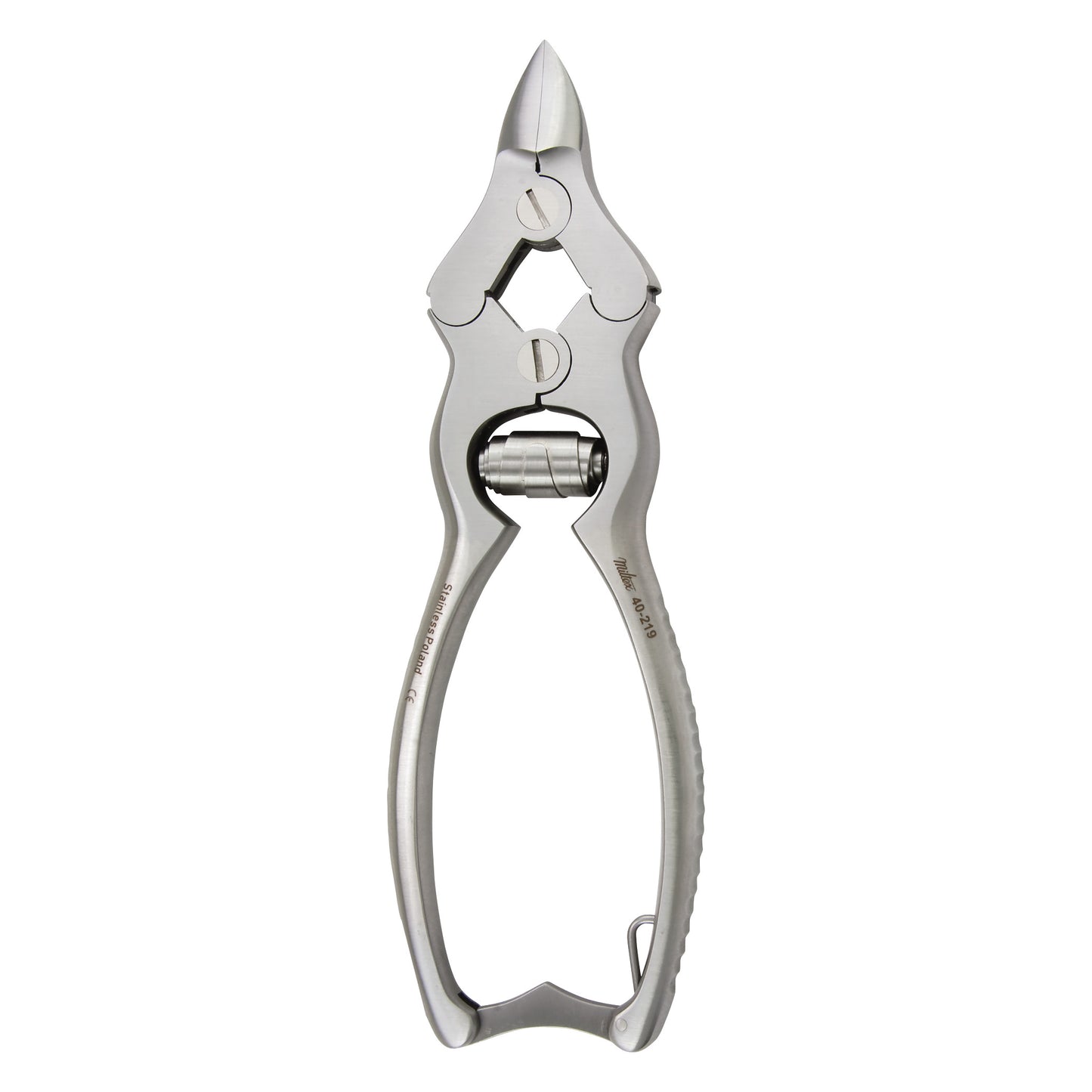 Miltex Double-Spring Nail Nippers with a polished metal finish, featuring curved handles and sharp, pointed jaws.