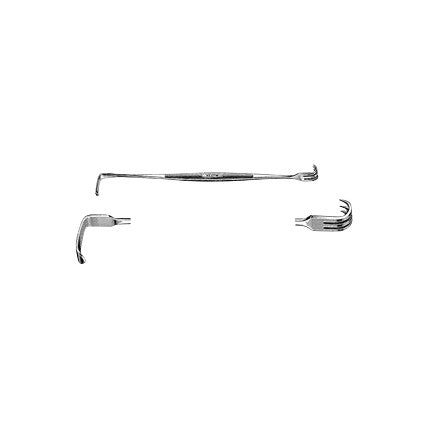 Miltex Senn Retractor with three metal components: a dual-ended tool and two curved attachments, all on a white background.