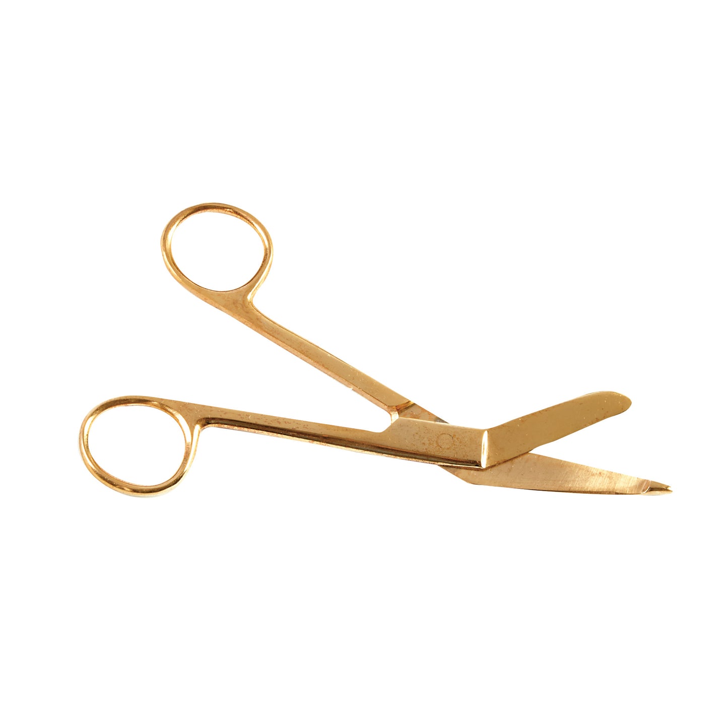 Gold-Plated Lister Bandage Scissors on a white background, with angled blades and rounded tips.