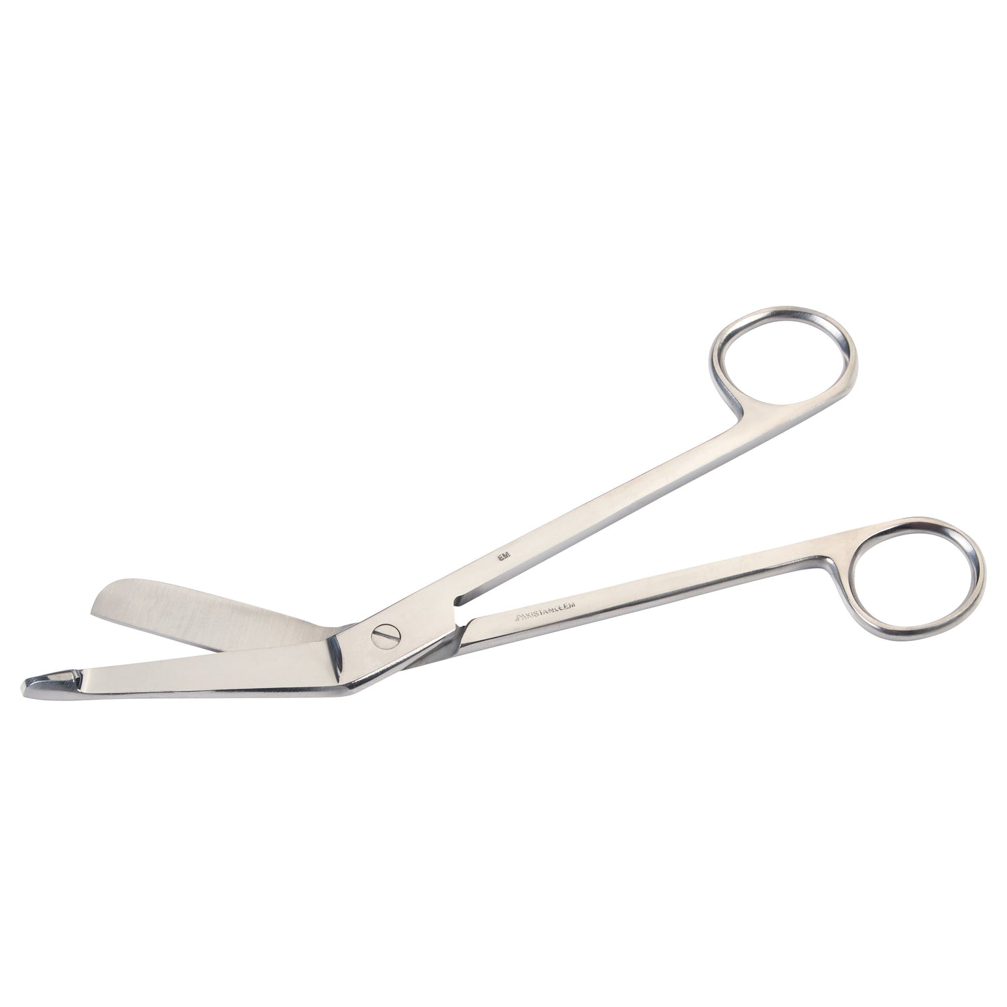Silver Lister Bandage Scissors with angled, blunt tip blades and circular finger grips shown against a white background.