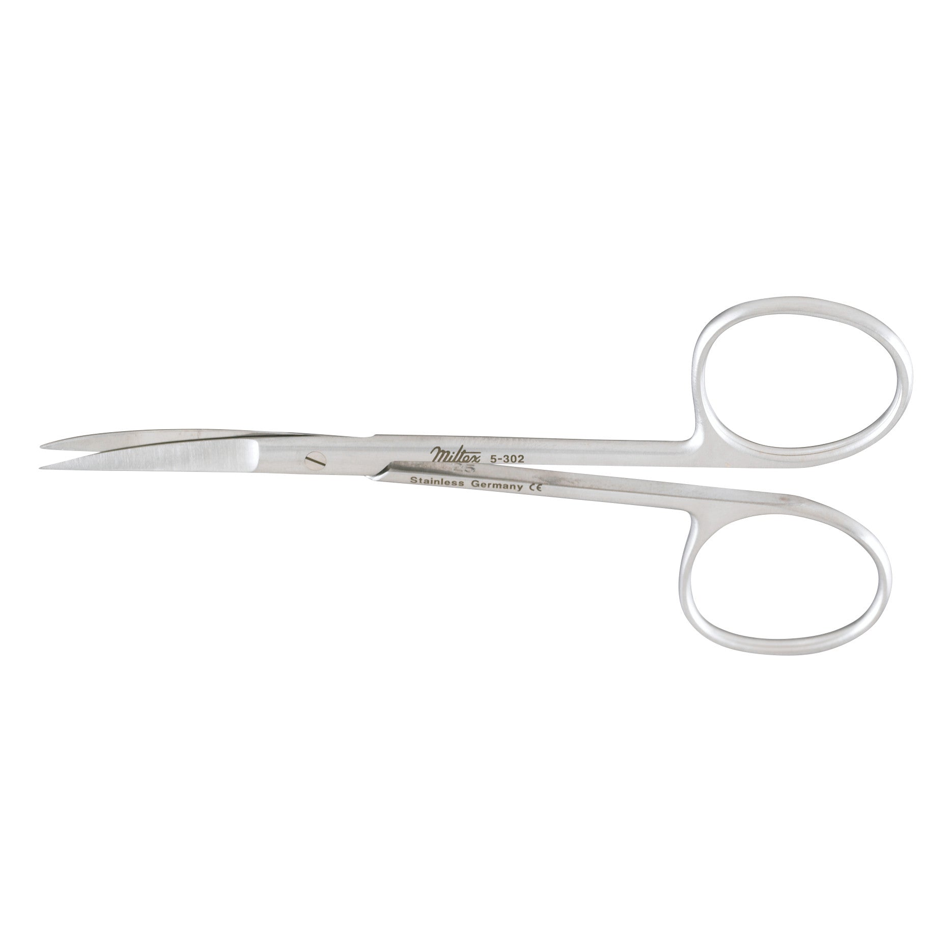 Miltex Iris Scissors, made of stainless steel, have curved blades and circular finger holes. They are crafted in Germany.