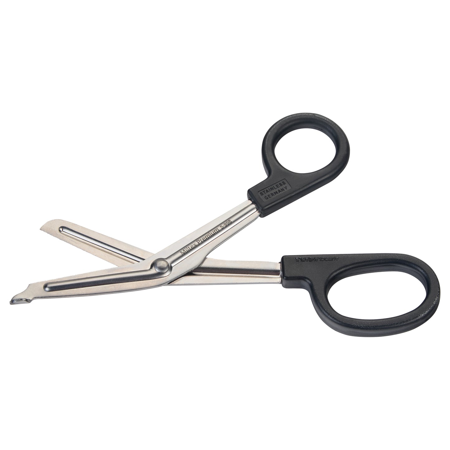 Miltex Universal Bandage Scissors with black handles and a stainless steel blade, designed for medical use.