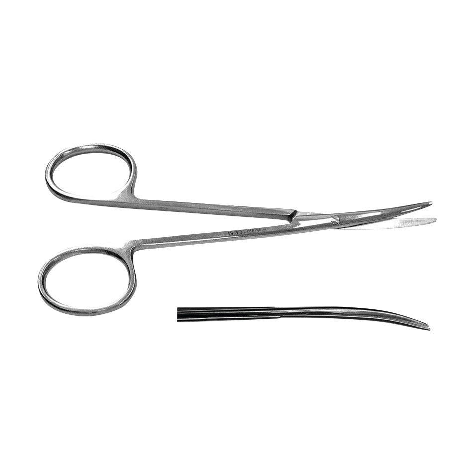 Metzenbaum Scissors with curved blades are shown, featuring metal finger rings and a sleek design for surgical use.