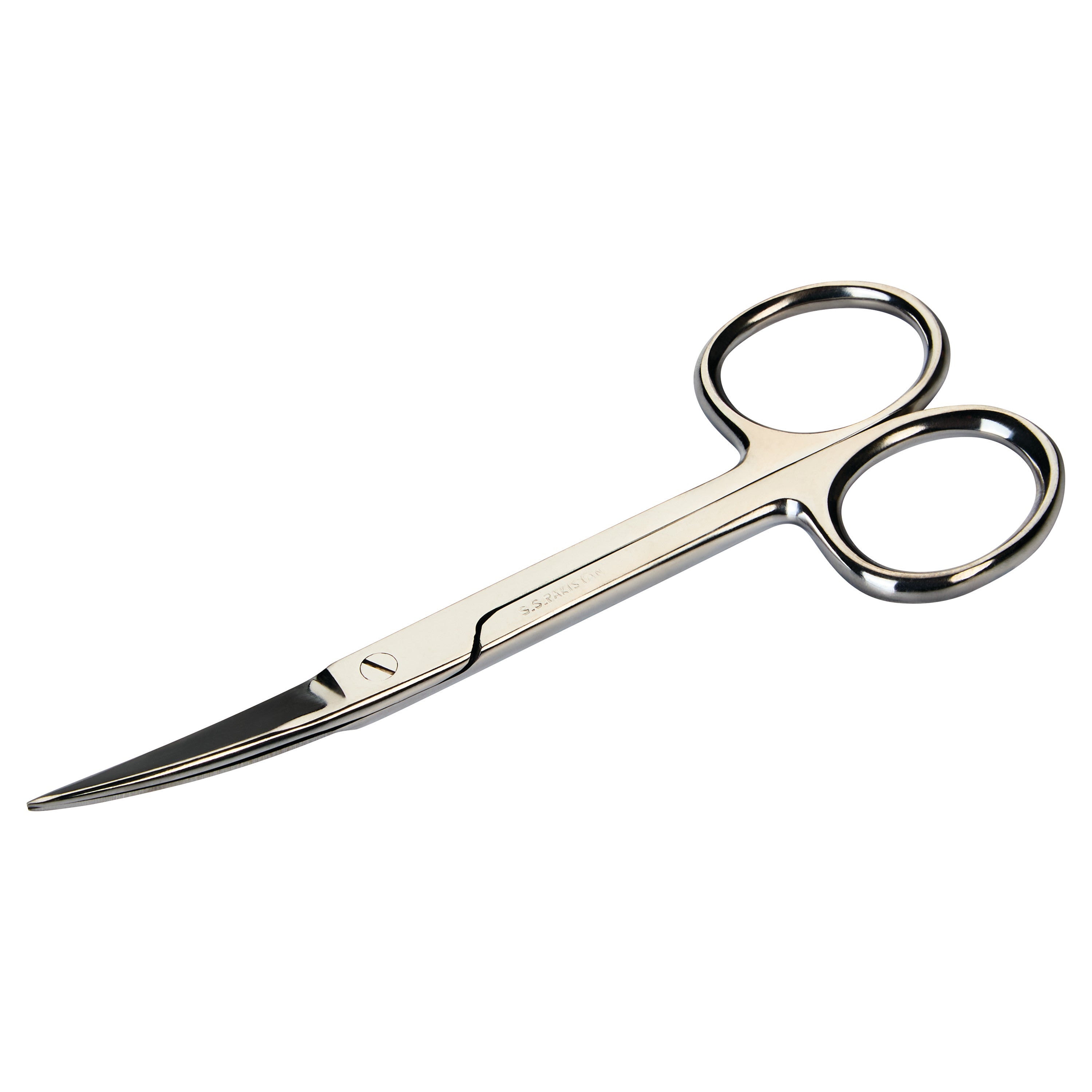 Curved stainless steel operating scissors with finger loops, designed for medical use.