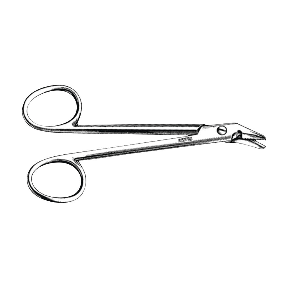 Miltex Wire Cutting Scissors with a curved, serrated tip and looped handles are shown on a plain white background.