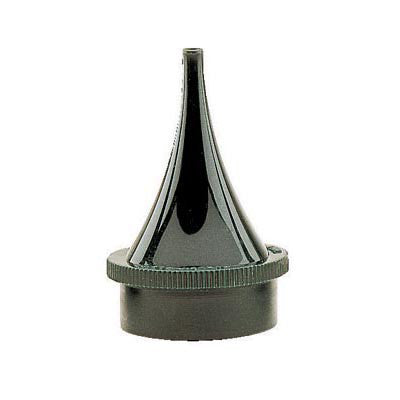 A black Welch Allyn KleenSpec Specula for Pneumatic Otoscopes, featuring a narrow, conical shape with a ridged base.
