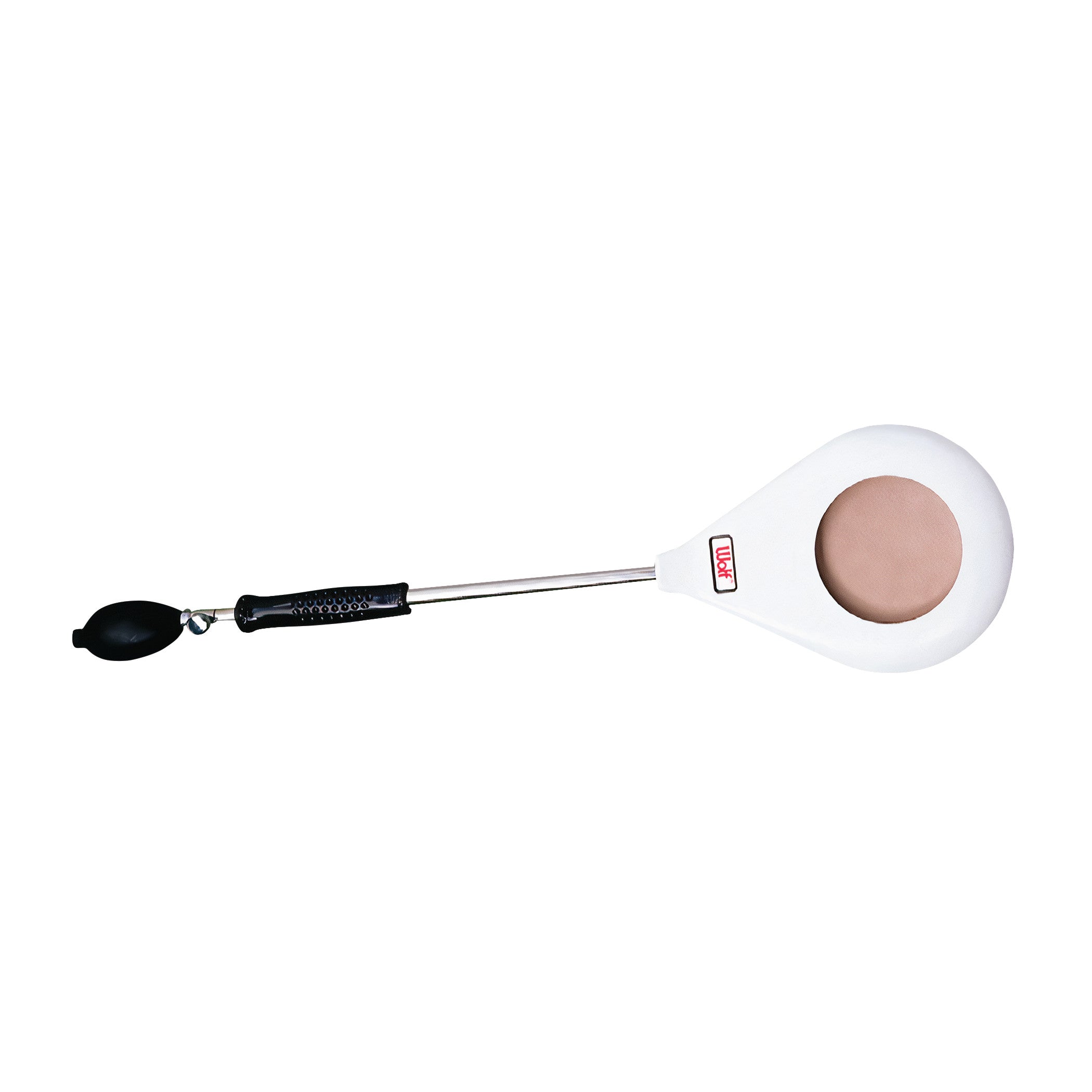 Wolf Pneumatic Compression Paddle featuring a white paddle with a tan center, a metal handle, and a black air pump attachment.