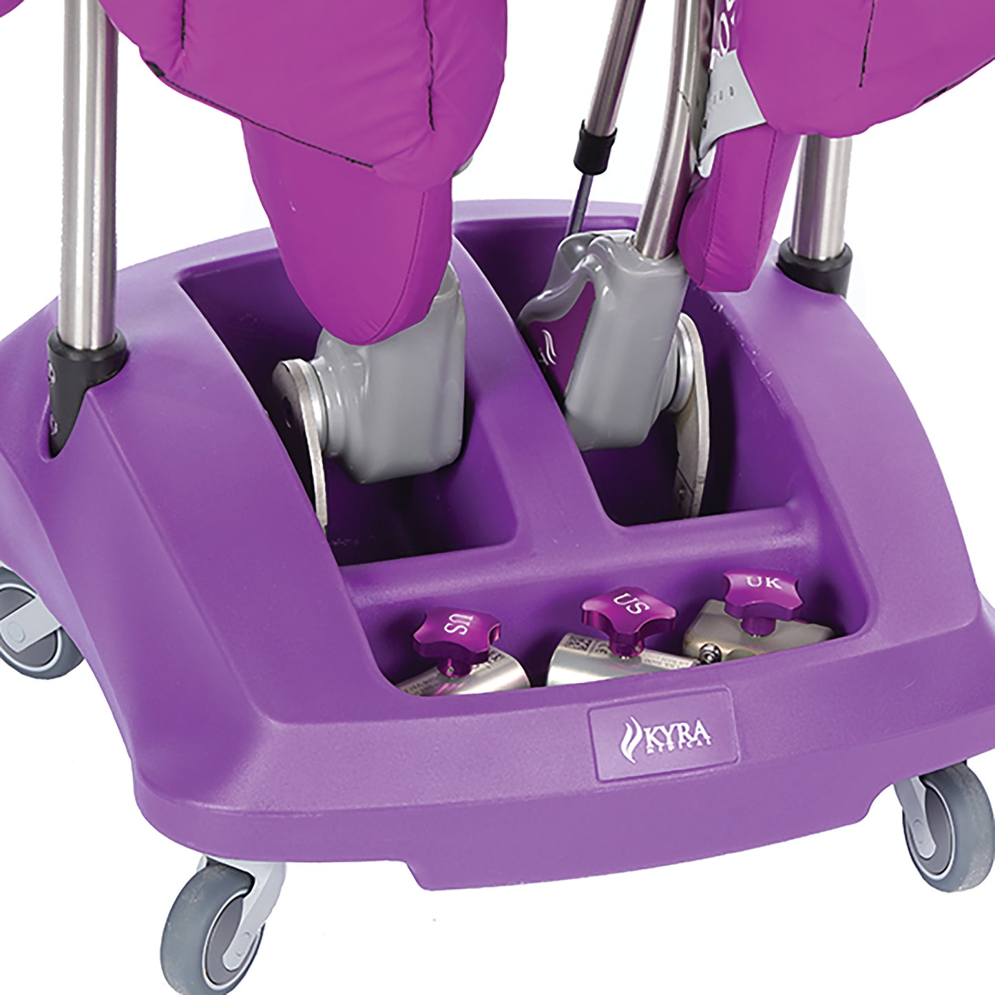 Purple storage cart for KYRA Curve Spine Frame System with wheels and compartments, labeled "US" and "UK."