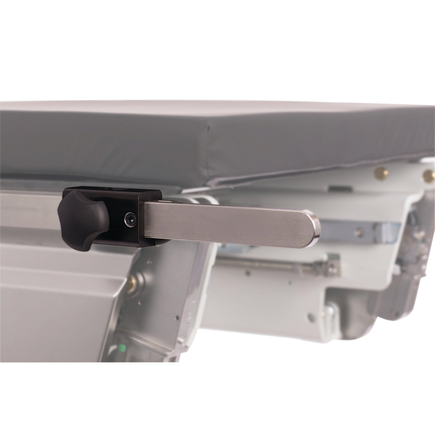 The KYRA Side Rail Extender is attached to a hospital bed, featuring a metal arm and a black adjustment knob.