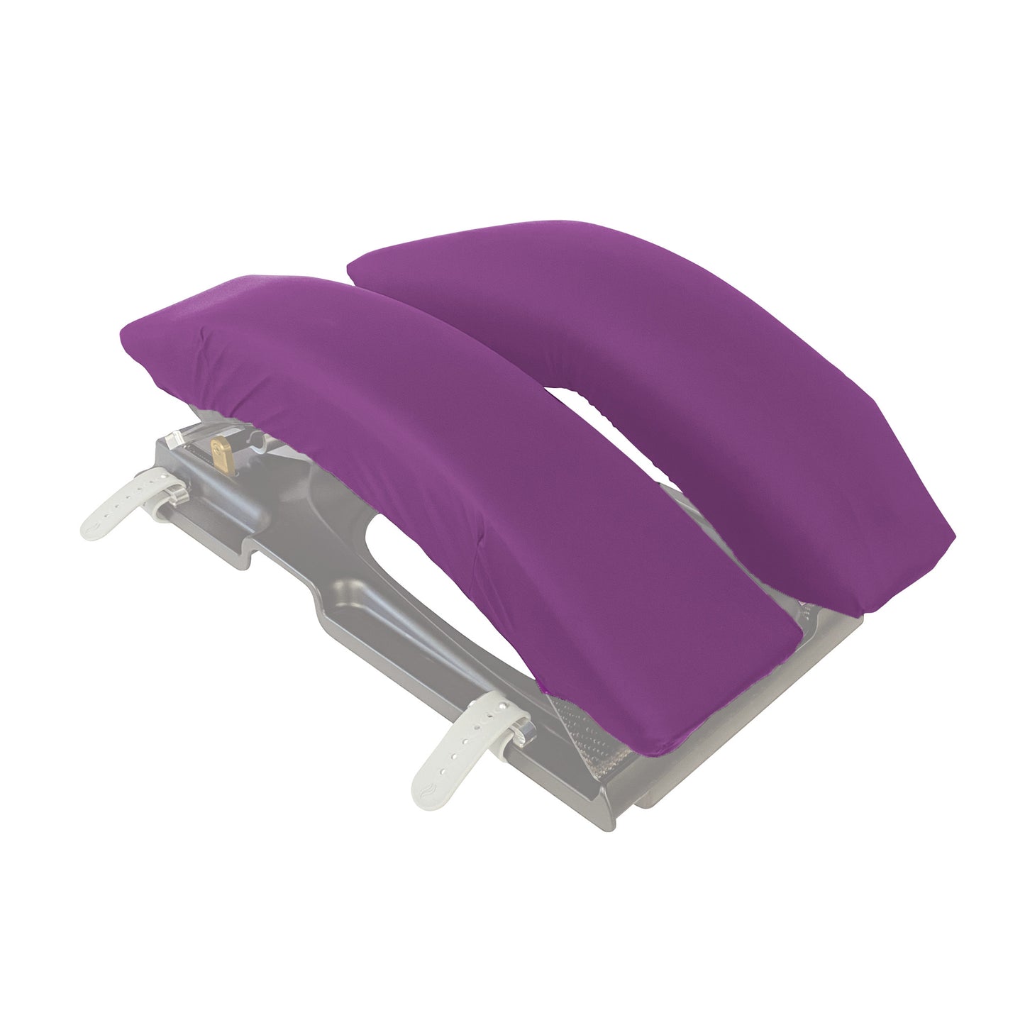 A purple Replacement Pad for KYRA Curve Spine Frame, shown on a metallic base with adjustable straps.
