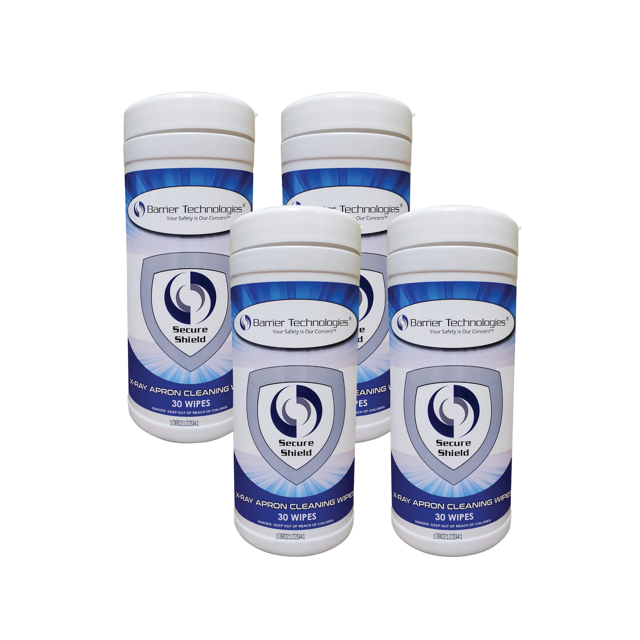 Four containers of Barrier Technologies Secure Shield X-Ray Apron Cleaning Wipes, each containing 30 wipes, are displayed.