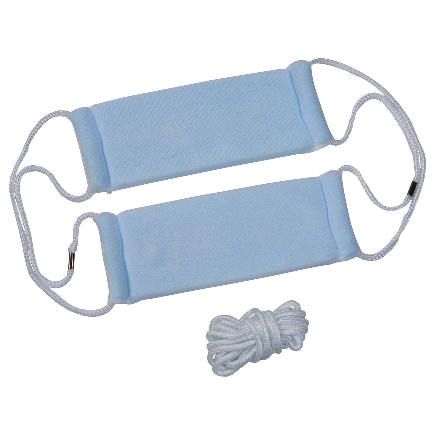 Two AliMed Disposable Head Halters in light blue with attached white cords, alongside a coiled white cord.