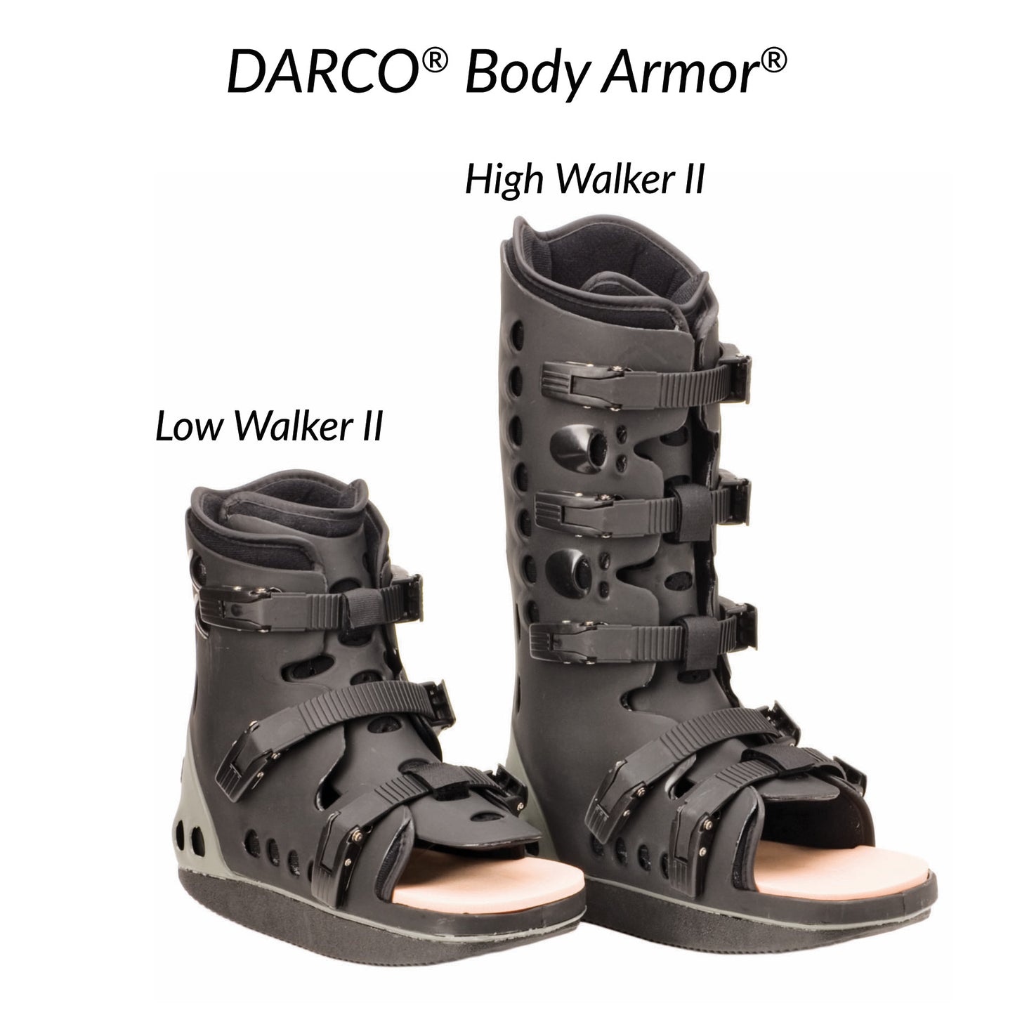 Two black orthopedic boots labeled "DARCO Body Armor Low Walker II" and "High Walker II" with adjustable straps and open toes.