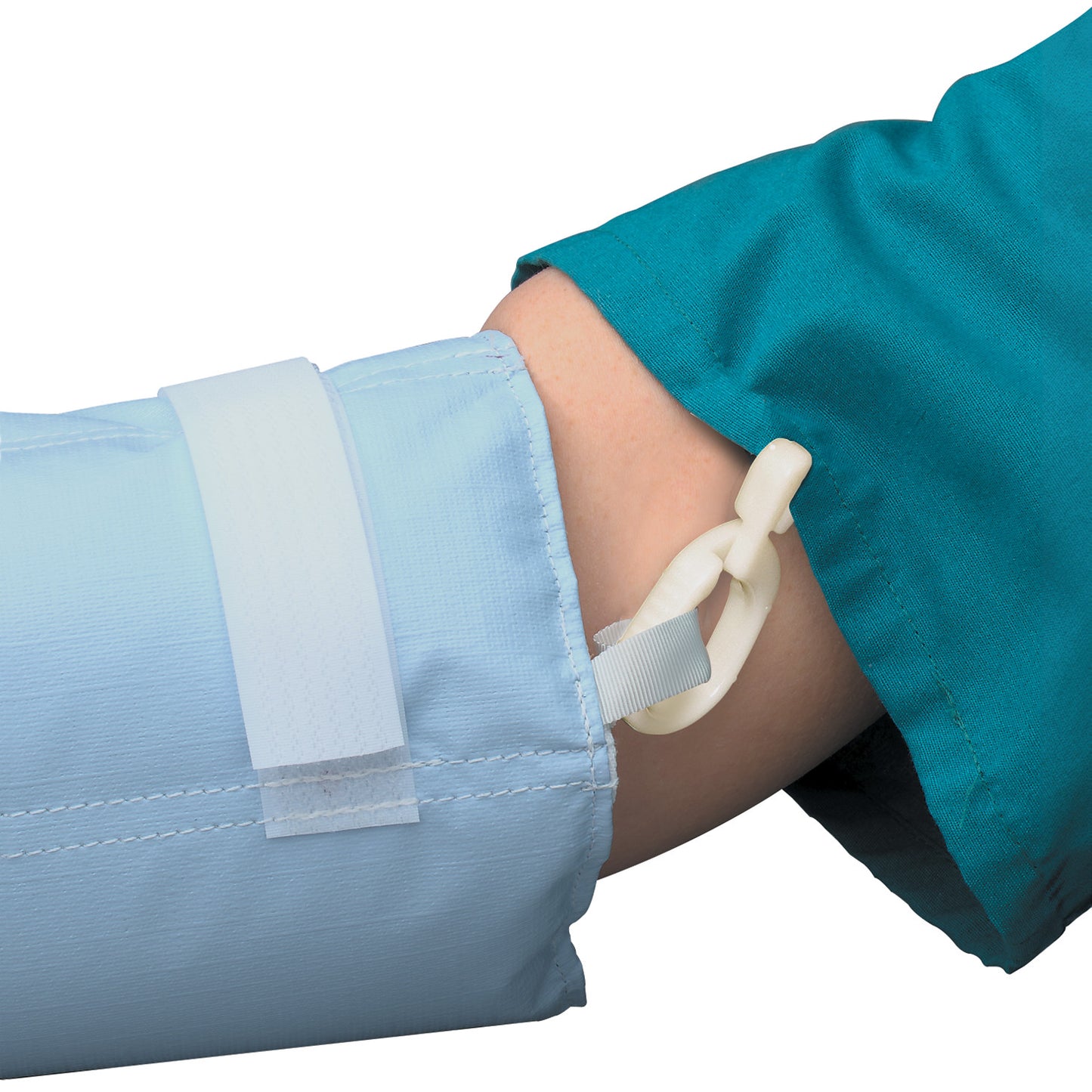 A Posey Infant/Pediatric Arm Splint, in light blue, is wrapped around a child's arm with a strap securing it in place.