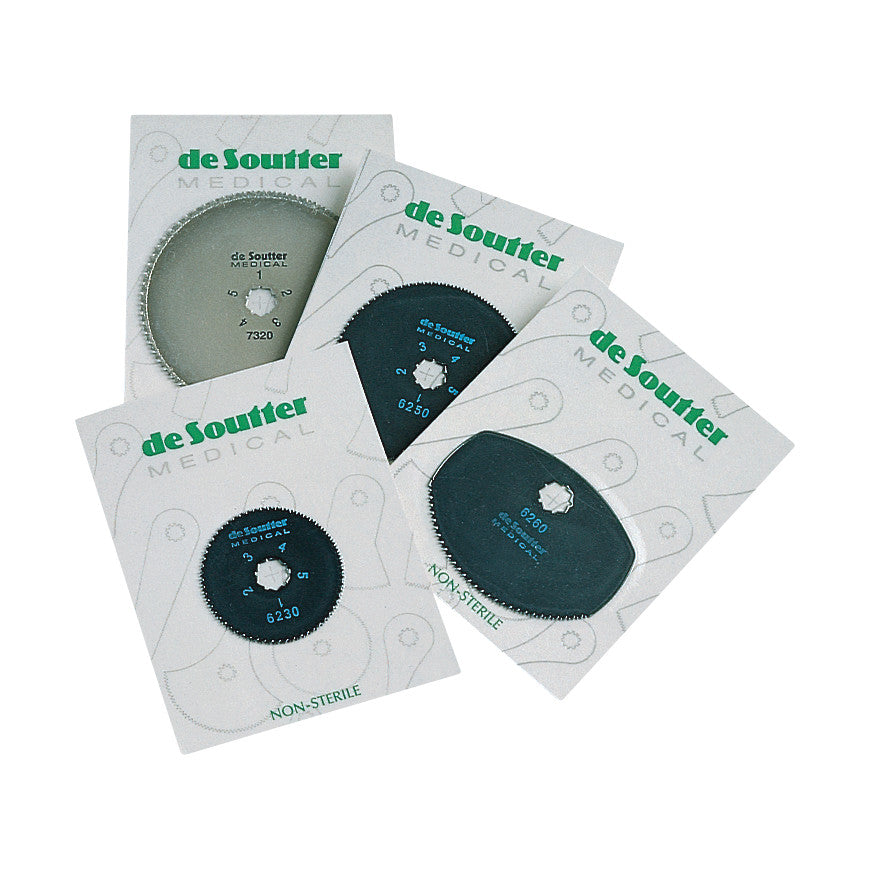 Four DeSoutter Medical Cast Saw Blades for CleanCast CC4, CC5, CC6, and CSB Cast Saws, labeled as non-sterile.