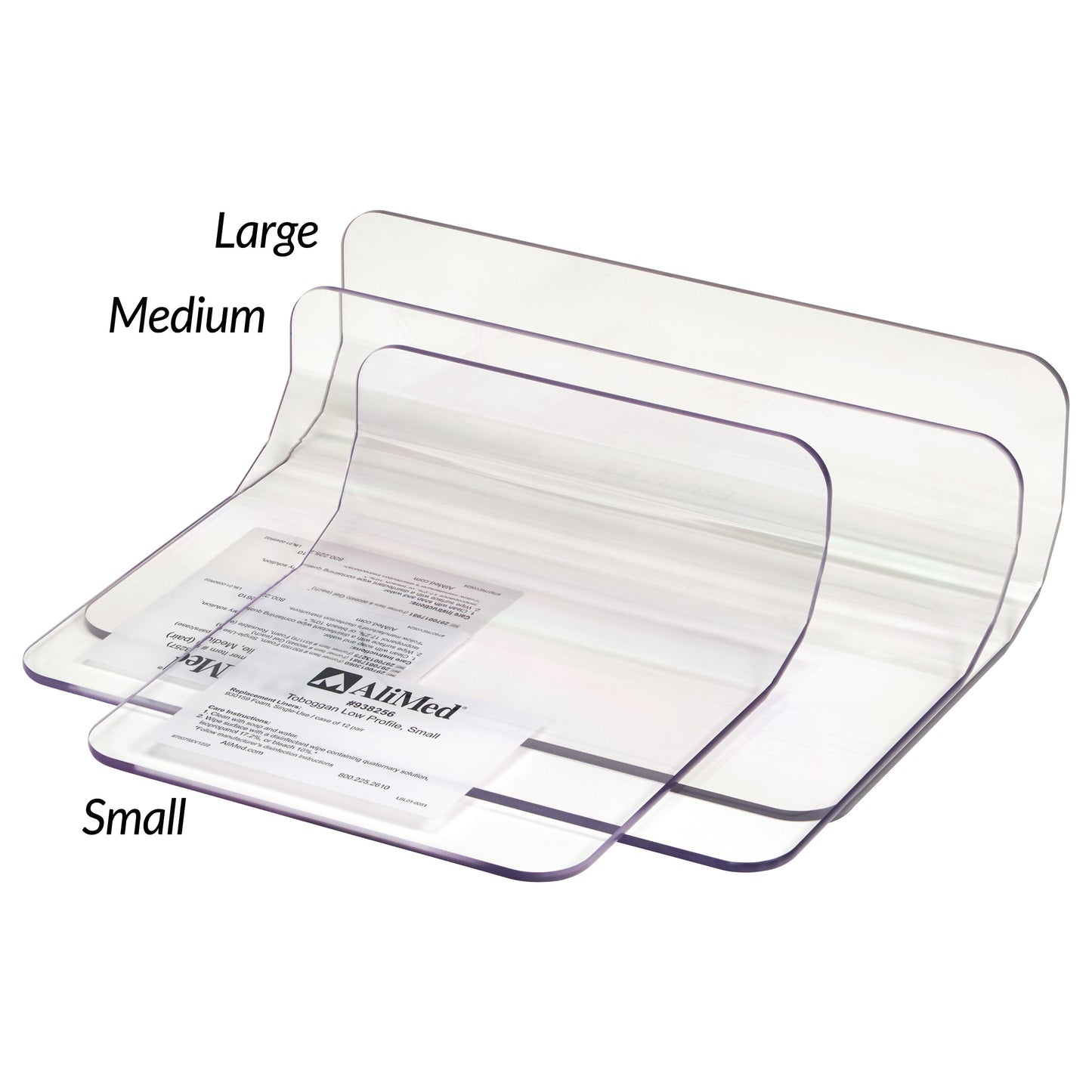 Three transparent AliMed Low-Profile Toboggan Arm/Leg Guards are shown in small, medium, and large sizes, stacked together.