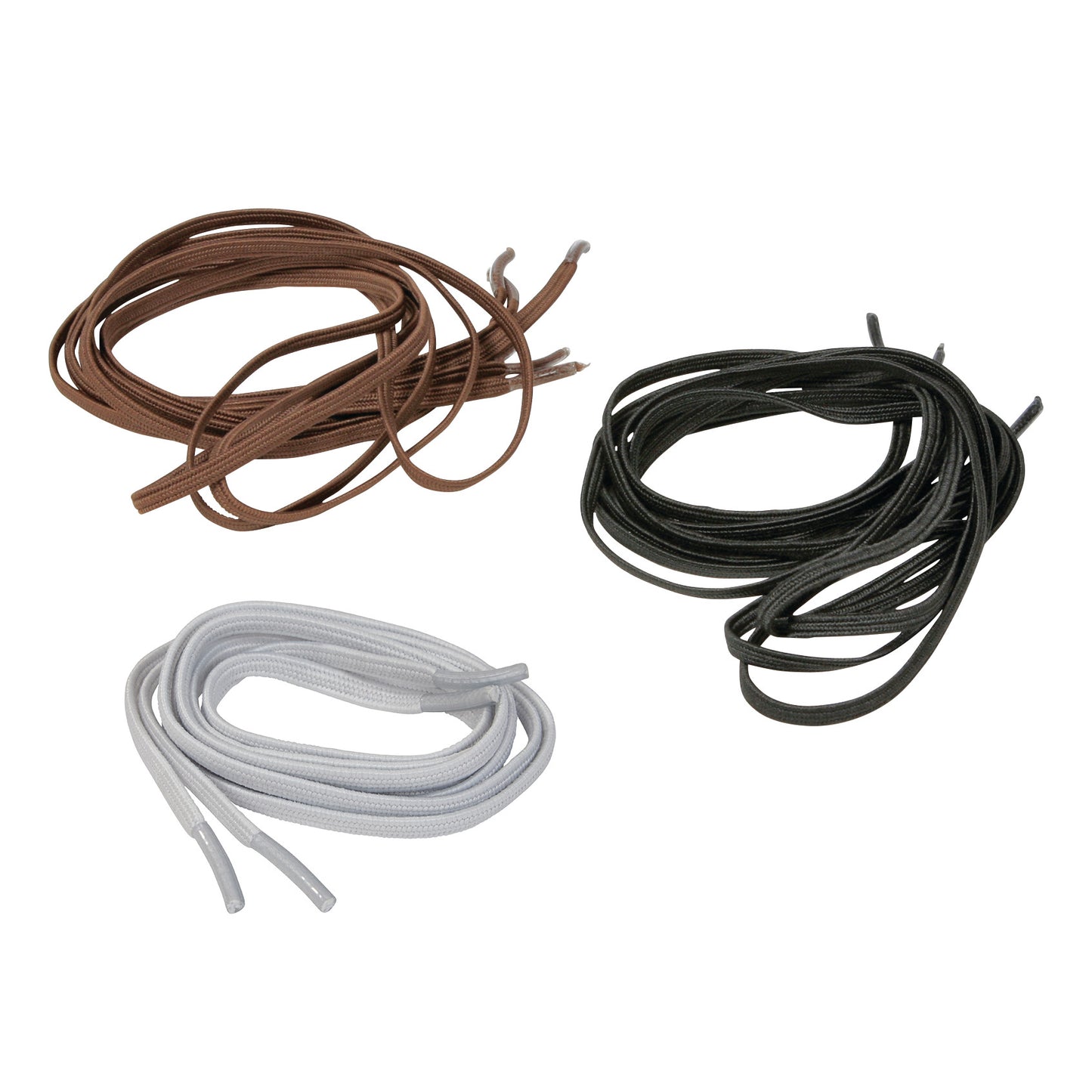 Three pairs of Round Elastic Shoelaces are shown in brown, black, and white colors, neatly coiled on a white background.