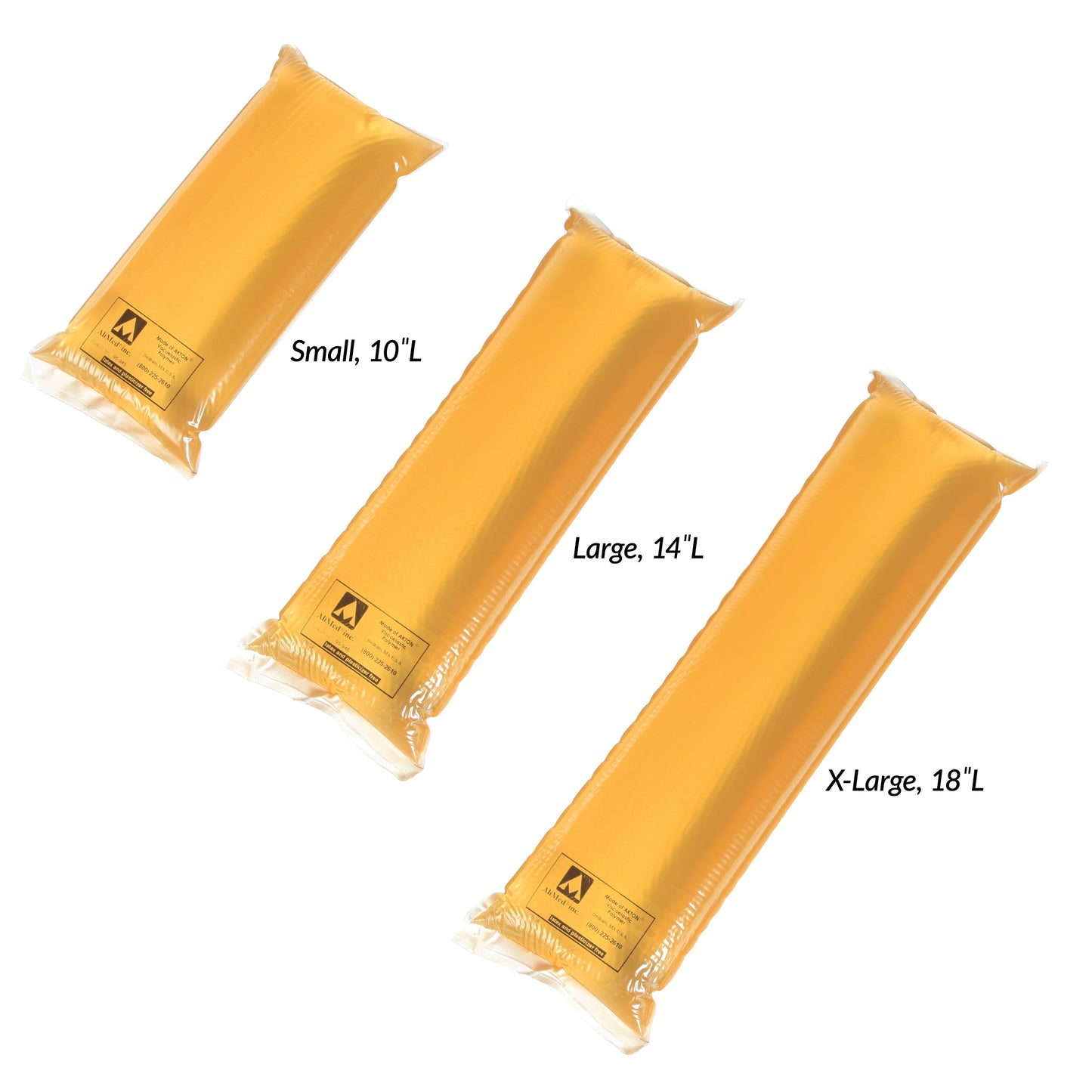 Three AliMed AliGel Universal Positioners in small, large, and X-large sizes, filled with yellow gel, each labeled with its dimensions.